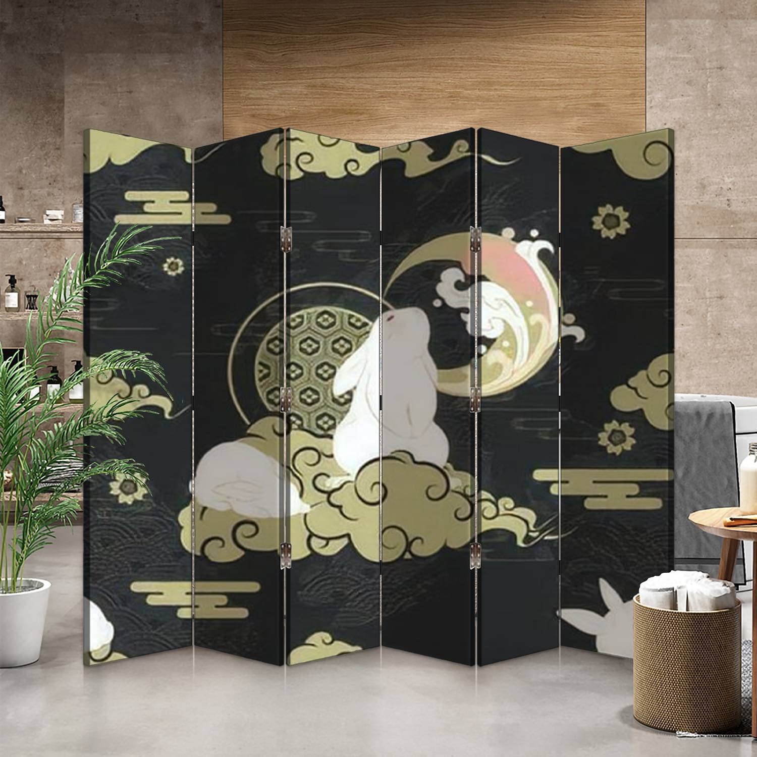 Japanese Style Canvas Room Divider Screen - 6 Panel Folding Privacy Partition with White Rabbit & Gold Repeat Pattern Art | Perfect for Bedroom, Office, Yoga Studio & Room Separation