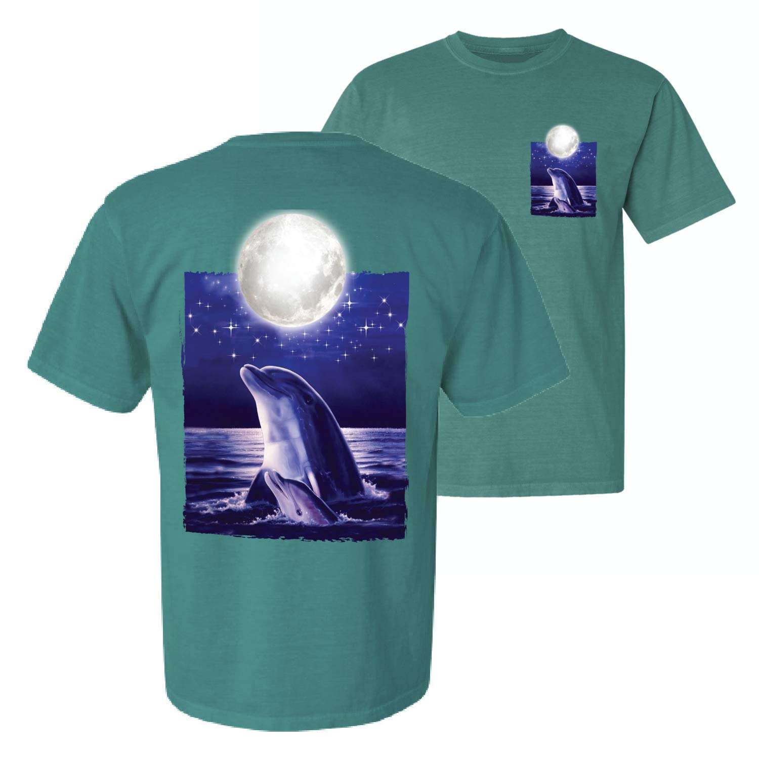 Stylish Nautical Full Moon Bottlenose Dolphin Graphic T-Shirt for Animal Lovers - Soft Garment-Dyed Short Sleeve Tee - Perfect for Beach Outings, Casual Wear & Dolphin Enthusiasts