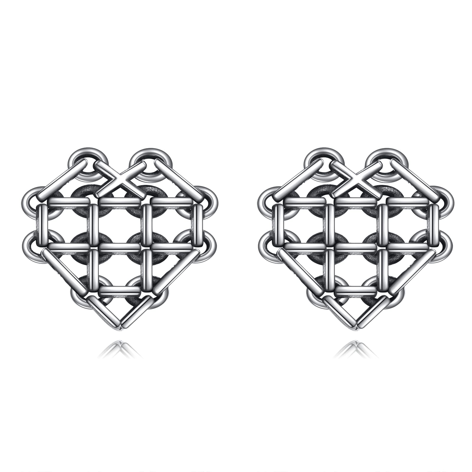 URONE Sterling Silver Heart Stud Earrings - Elegant Heart Grid Design Jewelry for Women | Perfect Gift for Valentine's Day, Anniversary & Everyday Wear