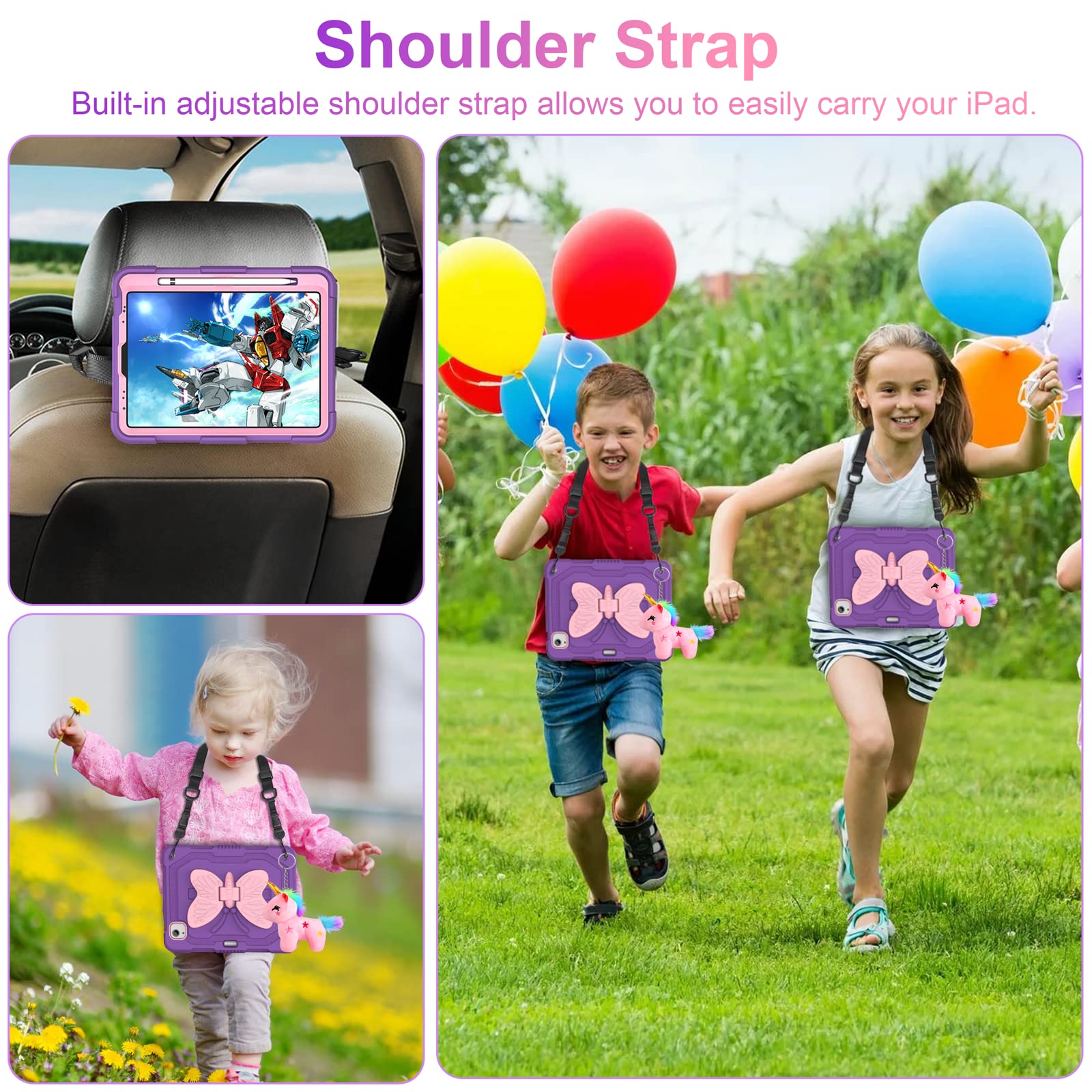 iPad Air 5th/4th Gen & iPad Pro 11 Inch Case (2022) with Screen Protector - Butterfly Stand, Strap, Pencil Holder & Hard Cover for Kids Girls - Purple | Perfect for School, Travel & Playtime