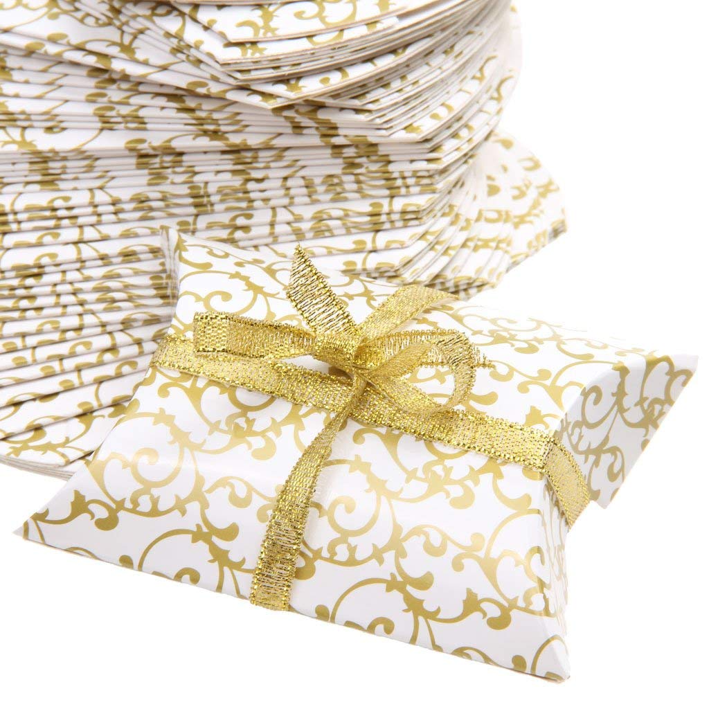 50 Pack Gold Candy Pillow Boxes - 11.5 x 7cm Wedding Favor Gift Boxes with Ribbon for Party, Baby Shower & Bridal Favors | Elegant Sweet Treat Packaging for Special Occasions