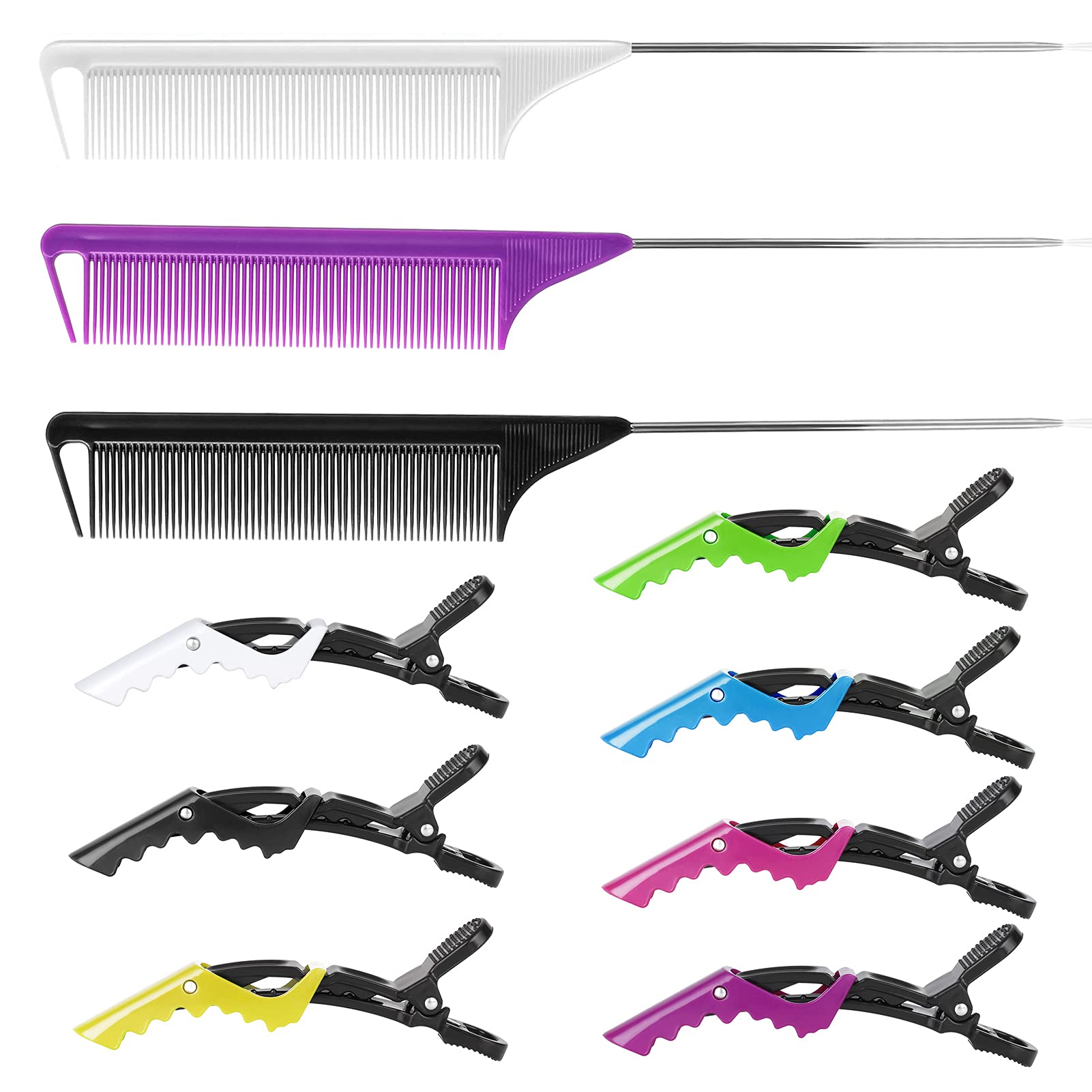 Rat Tail Teasing Comb Set with Styling Clips - 3 Steel Pin Combs & 7 Sectioning Clips for Braiding, Parting & Salon Styling - Perfect for Hairdressers, Stylists & DIY Hair Care at Home
