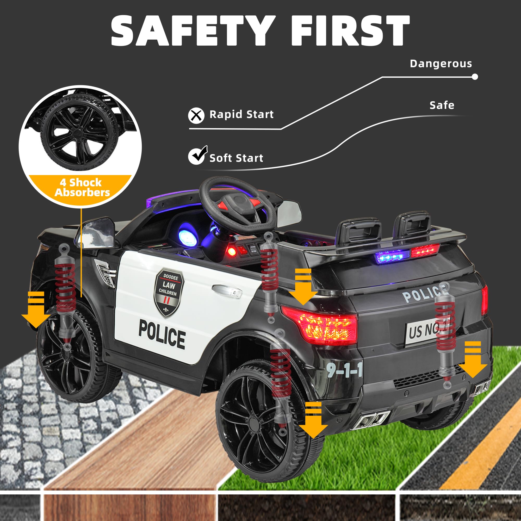 TOBBI 12V Electric Police Car Ride-On Toy for Kids Ages 3-6 - Remote Control & Parental Control, Realistic Lights & Siren, Large Police Vehicle Toy for Boys & Toddlers - Perfect for Indoor Play, Outdoor Adventures & Pretend Play as Little Officers (Black)