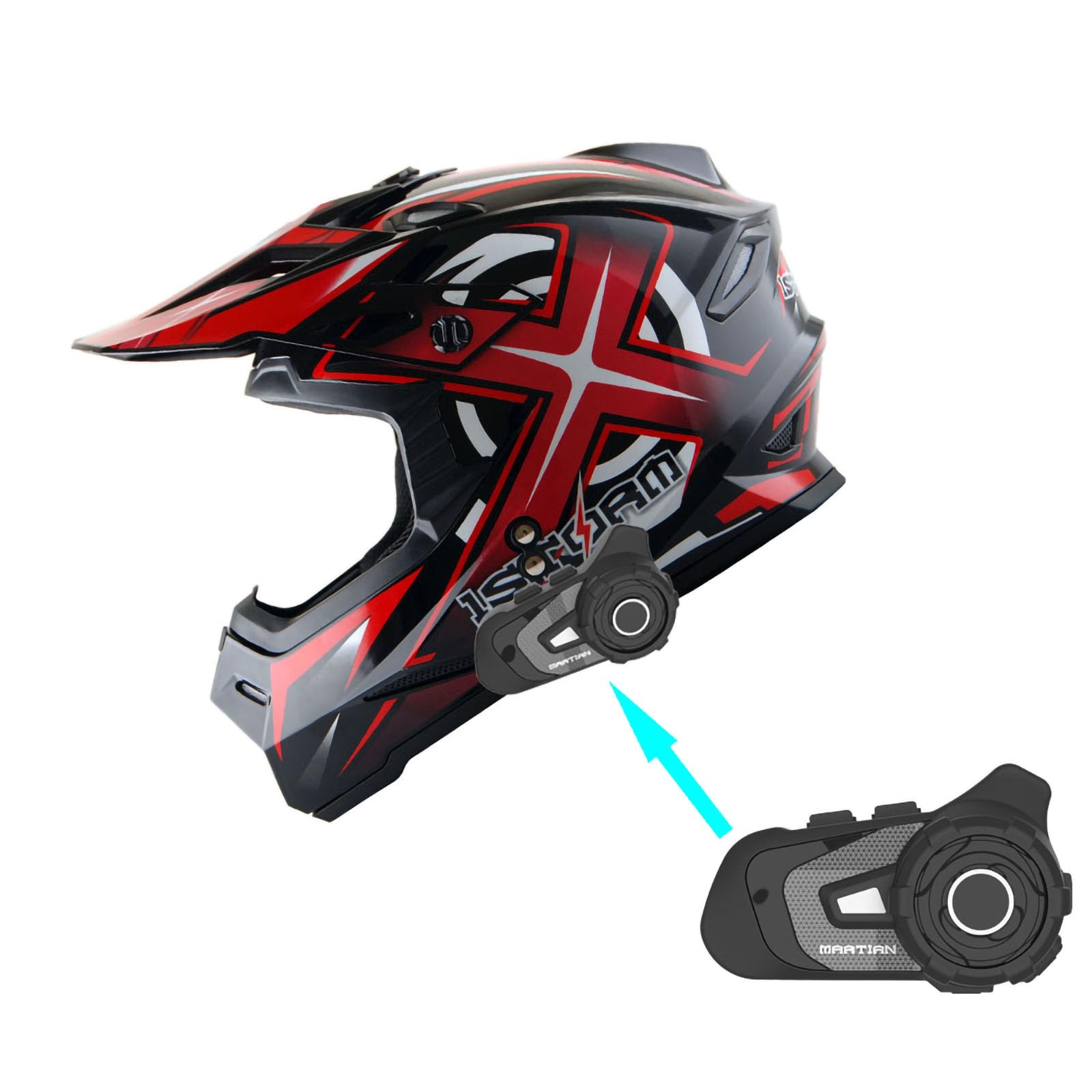 1Storm HF801 Adult Motocross Helmet - BMX MX ATV Dirt Bike Racing Helmet with Bluetooth Headset (Sonic Red) | Full Face Protection for Off-Road Motorcycle, ATV & Dirt Bike Riding
