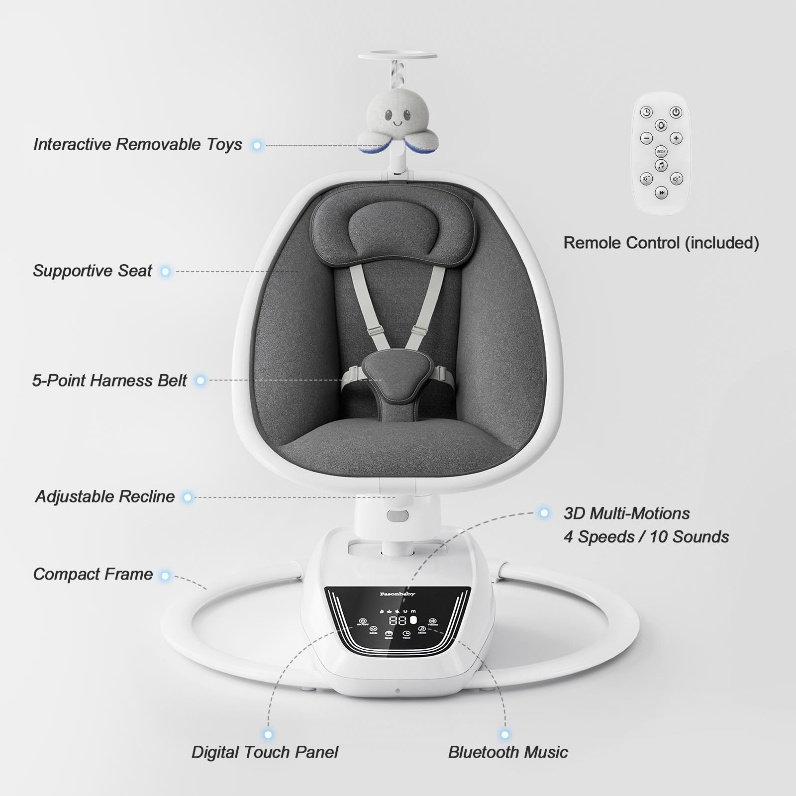 FasonBaby Bluetooth Baby Swing for Infants - 5 Motion Modes, 4 Speed Settings, 10 Soothing Melodies, Multi-Function Newborn Swing (White) | Perfect for Nursery, Daycare & Soothing Fussy Babies