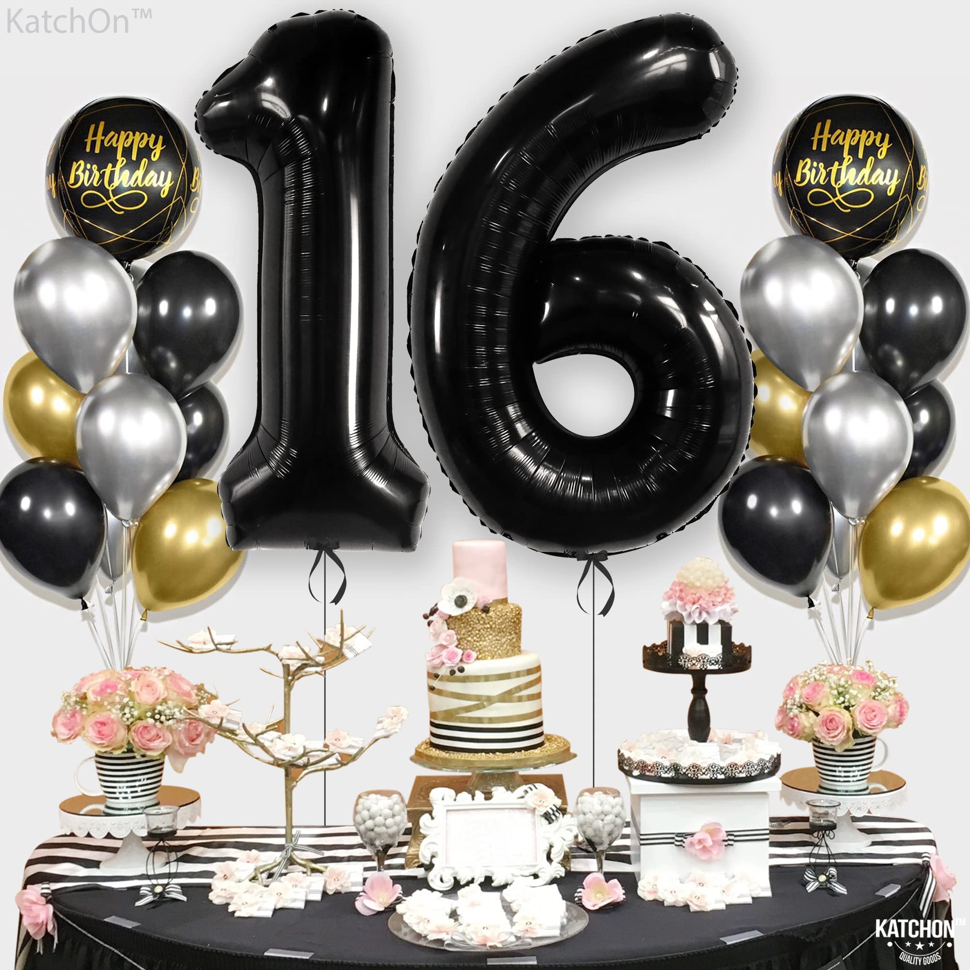 KatchOn 40 Inch Giant Black 16 Balloon Numbers - Sweet 16 Birthday Decorations for Boys & Girls | Large Foil Number Balloons for 16th Birthday Party Decor, Backdrop, Photo Booth & Celebration