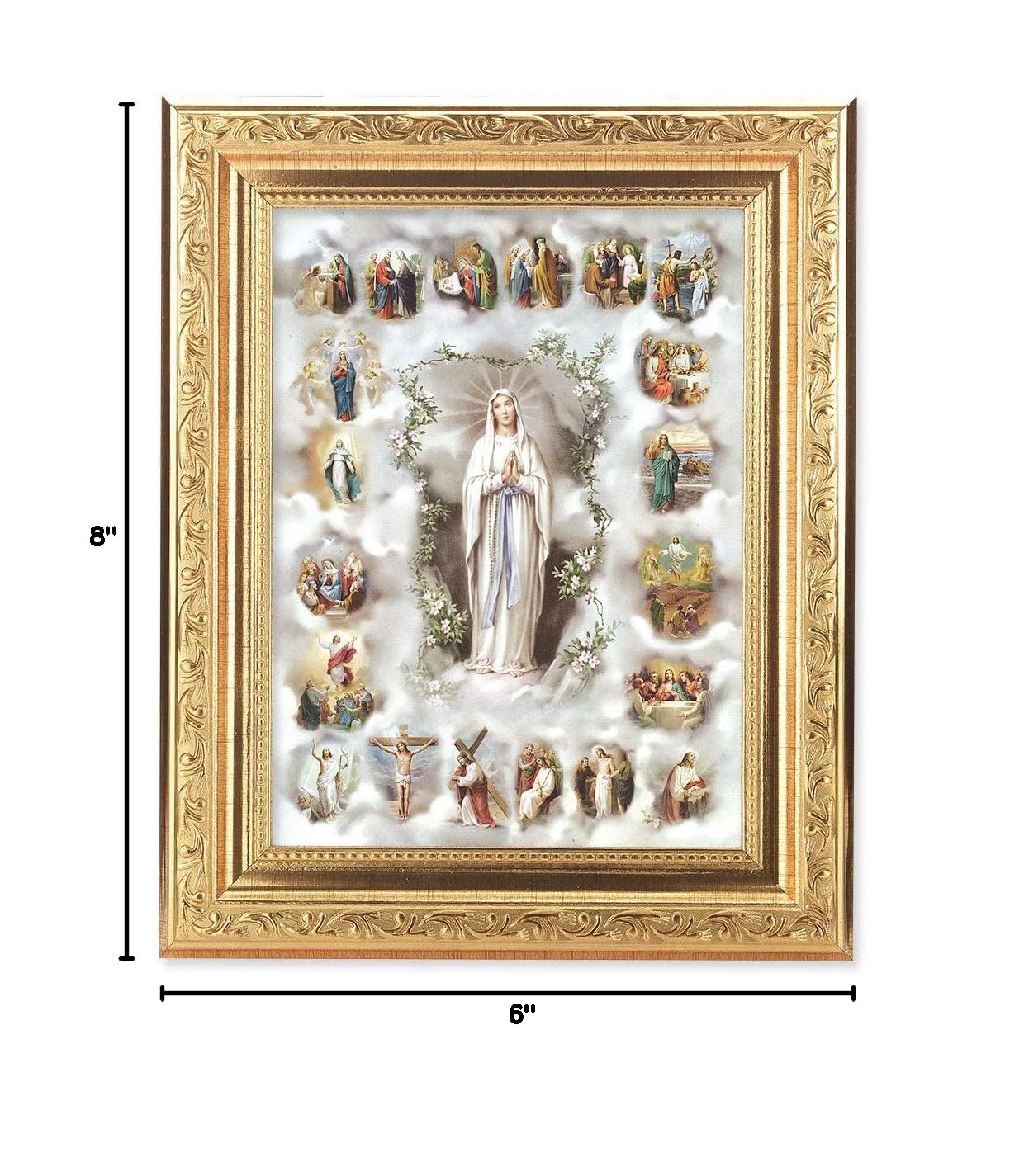 20 Mysteries of the Rosary Framed Wall Art - Gold Leaf Antique Finish with Acanthus Leaf Detail - Catholic Home Decor for Living Room, Bedroom & Prayer Space