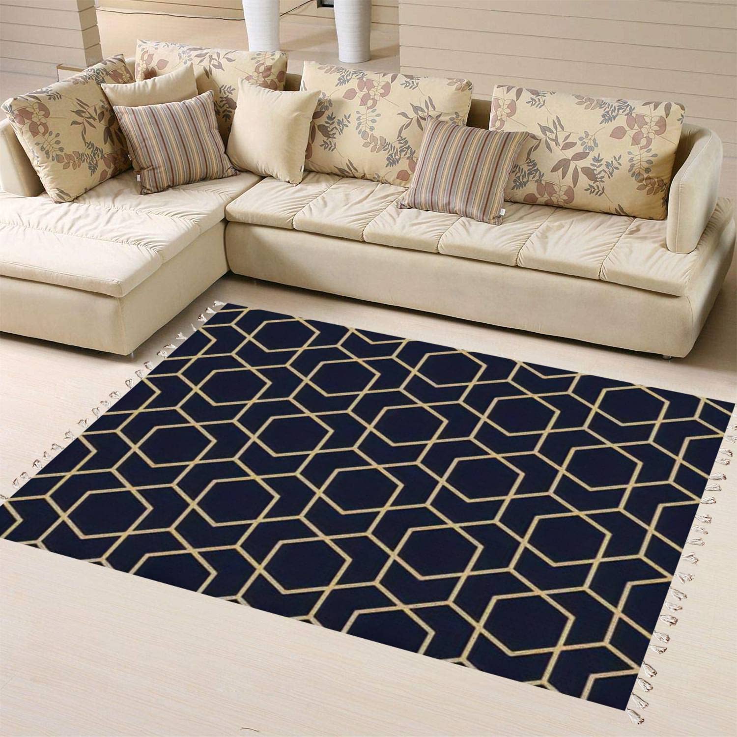 Boho Abstract Geometric Area Rug with Blue, Black & Gold Lines & Rhombuses - Linen Carpet for Patio, Hallway Runner, Living Room, Bedroom & Outdoor Decor | Minimalist Home Design for Modern Spaces