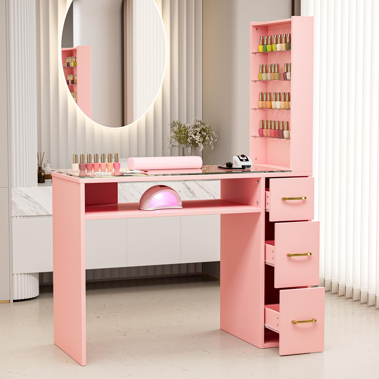 Premium Nail Tech Manicure Table with Glass Top, Storage Drawers & Shelves, Wrist Cushion - Golden Handles Beauty Salon Workstation for Professional Spa & Home Use (Pink)