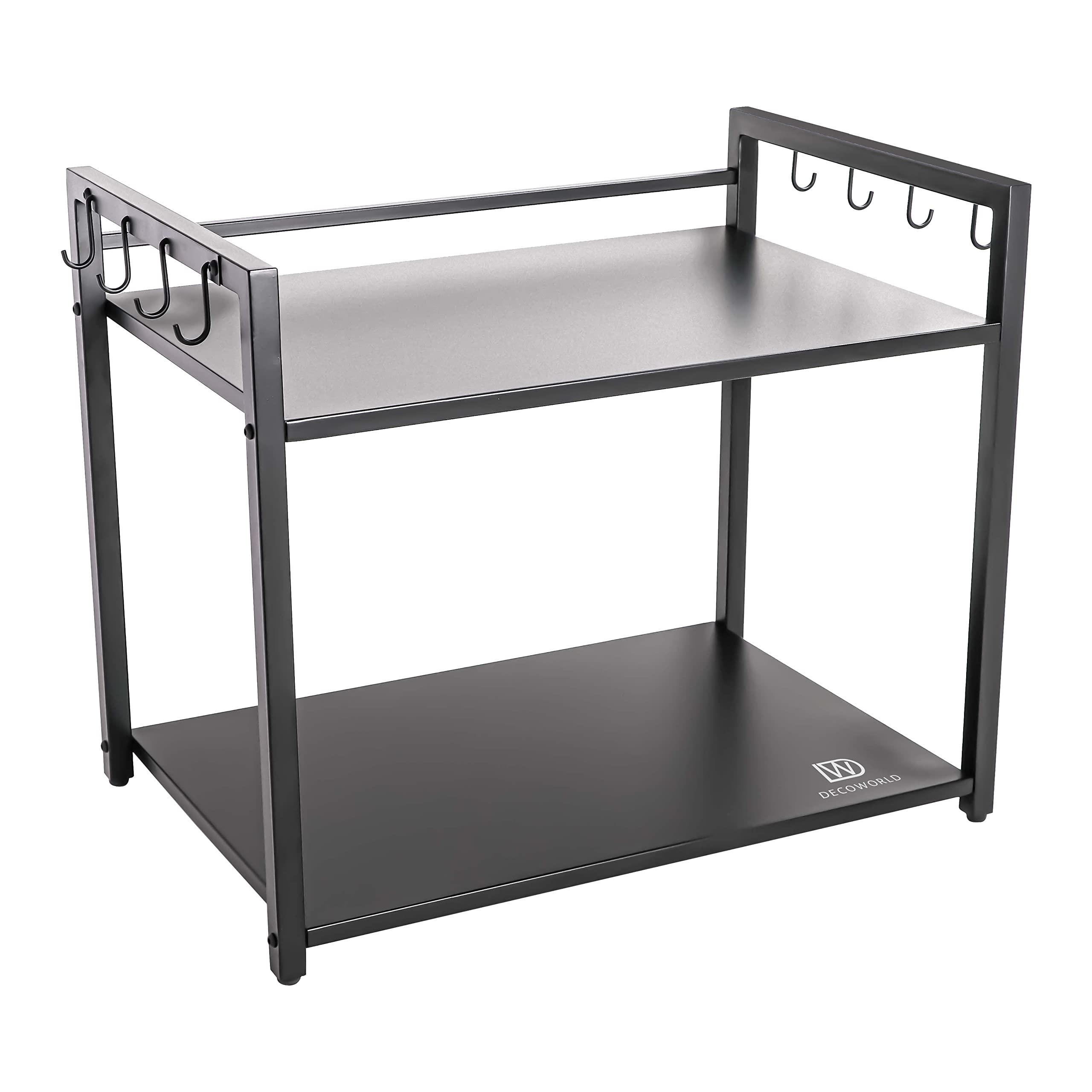 DECOWORLD Metal Microwave Stand - Double Tier Kitchen Counter Organizer with Hooks for Microwave, OTG & Oven Storage - Black Space Saving Shelf for Small Kitchens & Apartments