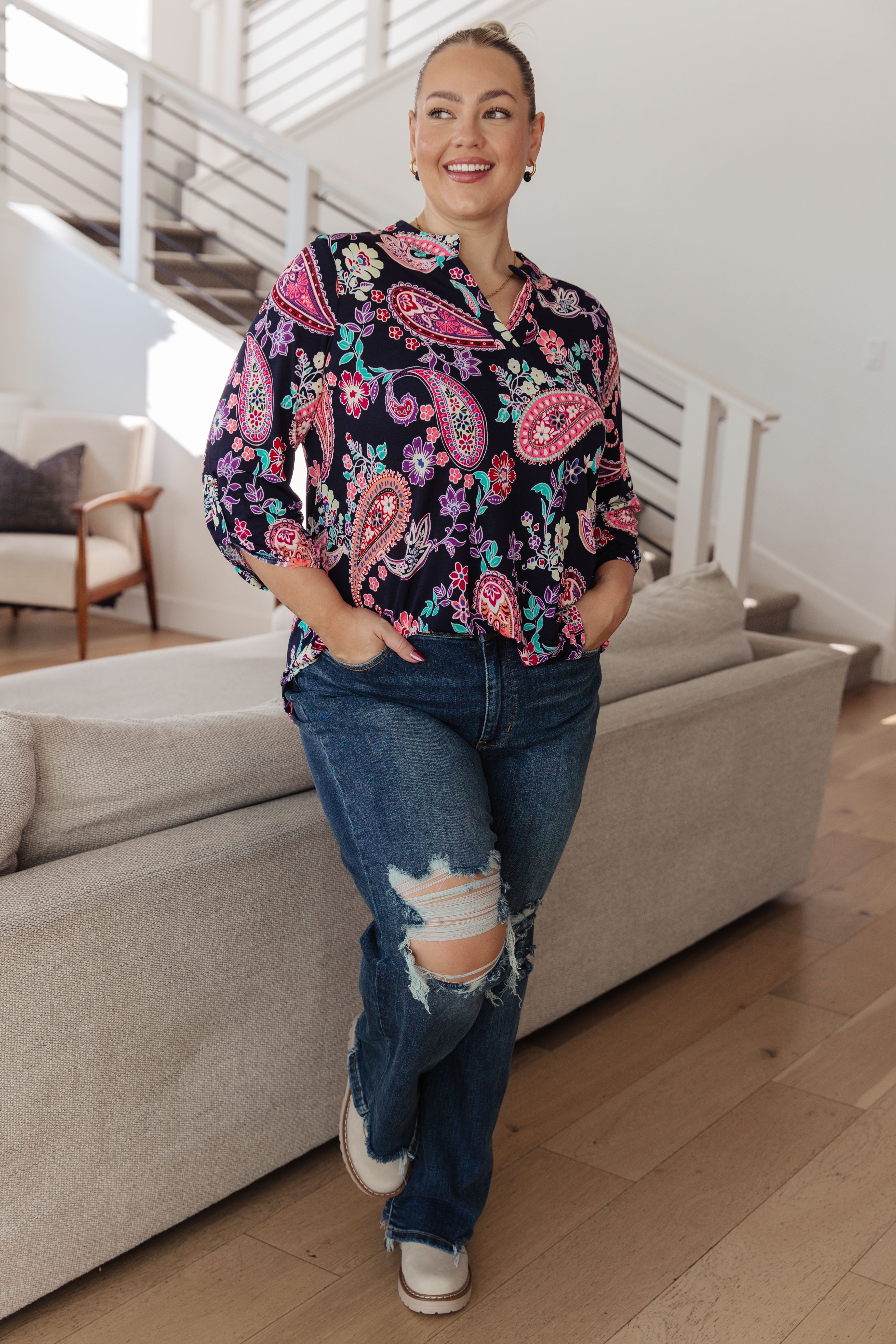 Lizzy Top Women's Navy Paisley Print Blouse - Casual & Office Wear, Perfect for Work, Date Night & Everyday Outfits