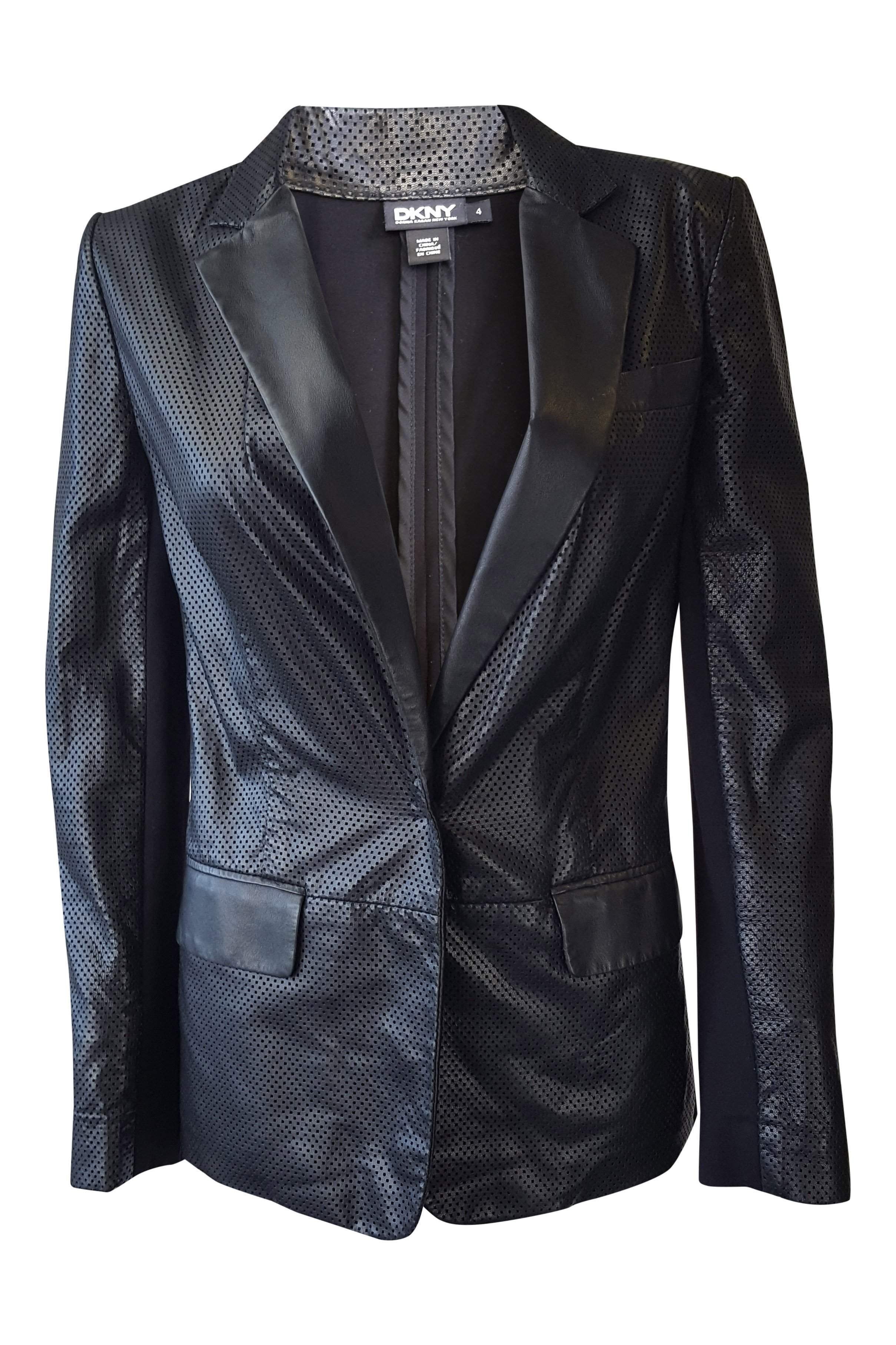 DKNY Black Lambskin Leather Perforated Blazer for Women - Size 4 | Premium Fashion Jacket for Office, Party & Evening Wear
