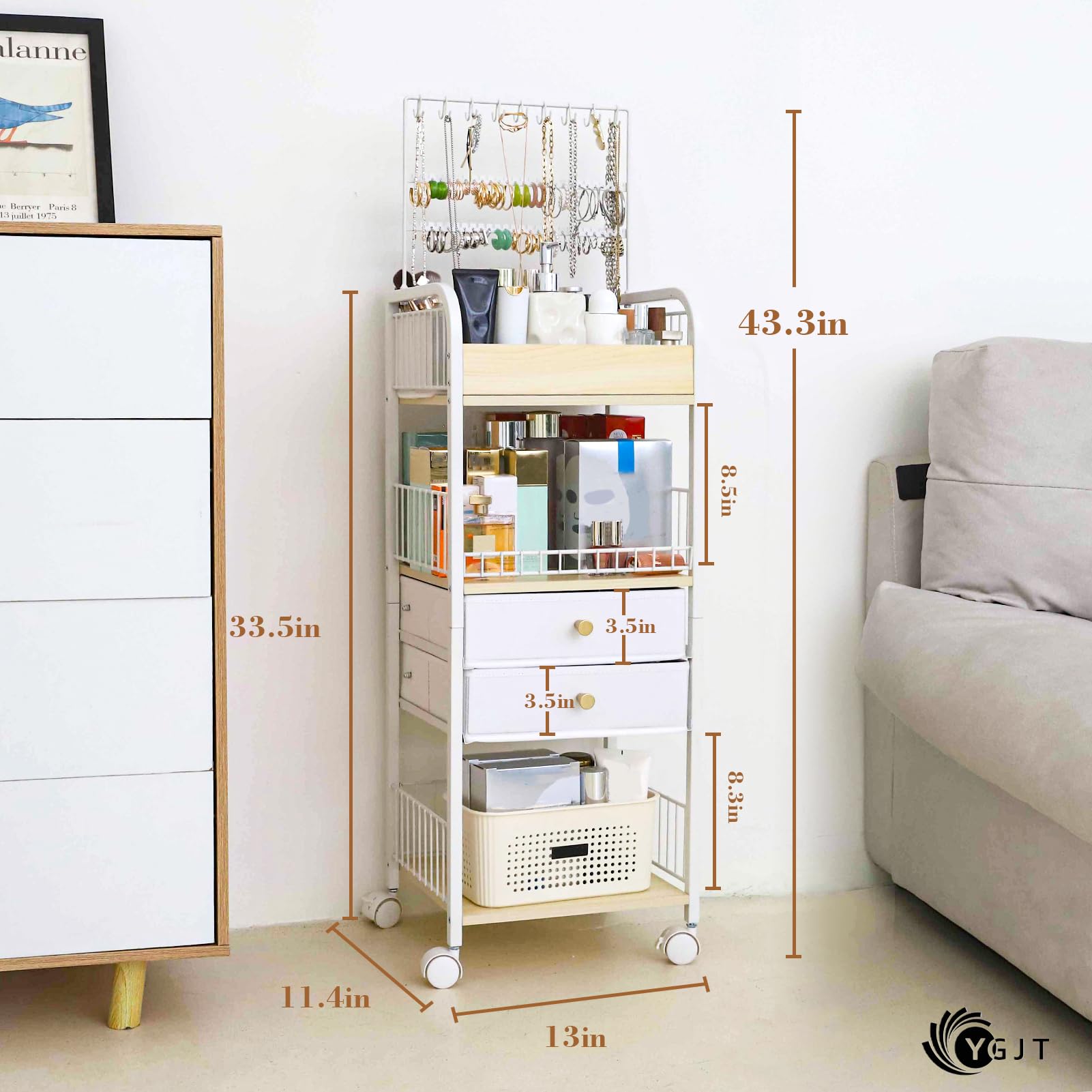 YGJT 3-Tier Makeup Organizer with Drawers - Skincare & Cosmetics Storage for Perfume, Makeup Brushes, Nail Polish - Jewelry Organizer for Earrings & Necklaces - Perfect for Vanity Table, Bathroom & Bedroom Organization