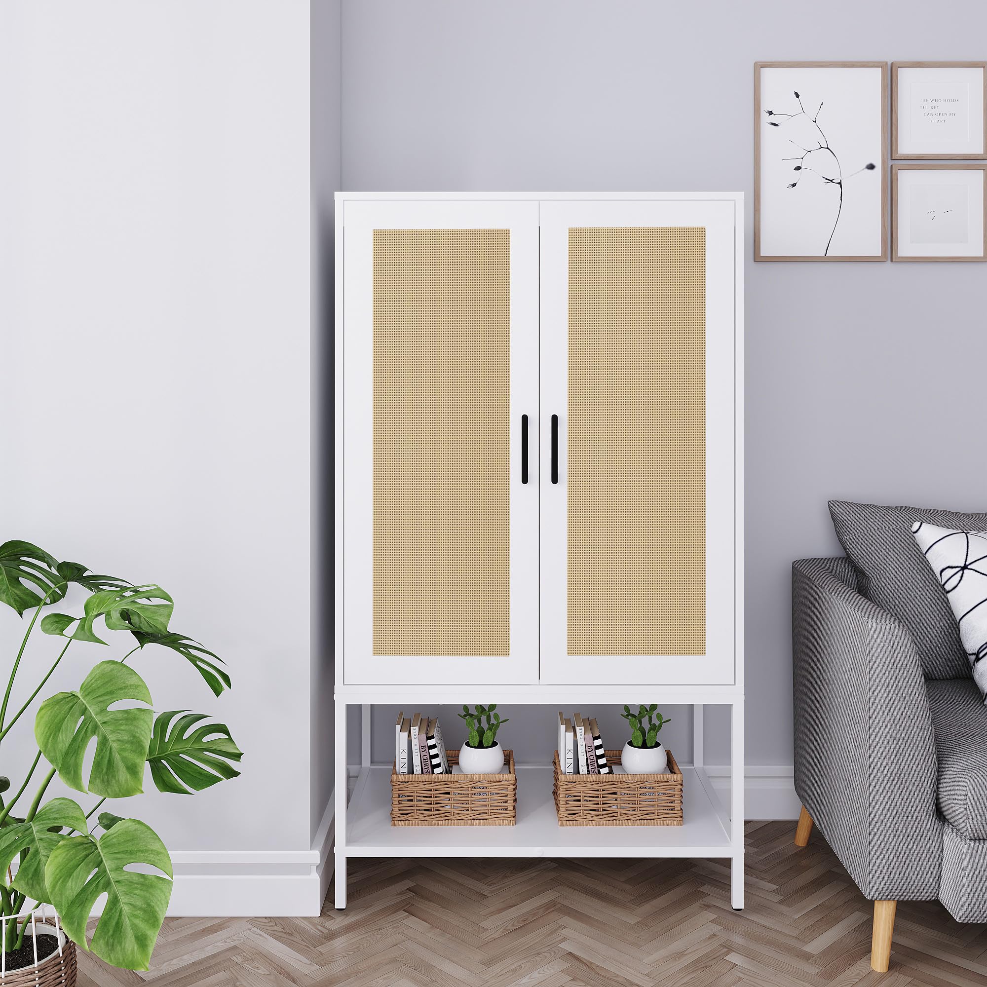 Rattan Wardrobe Closet - 2 Door Wooden Armoire with Shelves & Hanging Rod for Bedroom Organization | White Storage Cabinet for Clothes, Shoes & Accessories | Perfect for Small Spaces, Apartments & Dorm Rooms