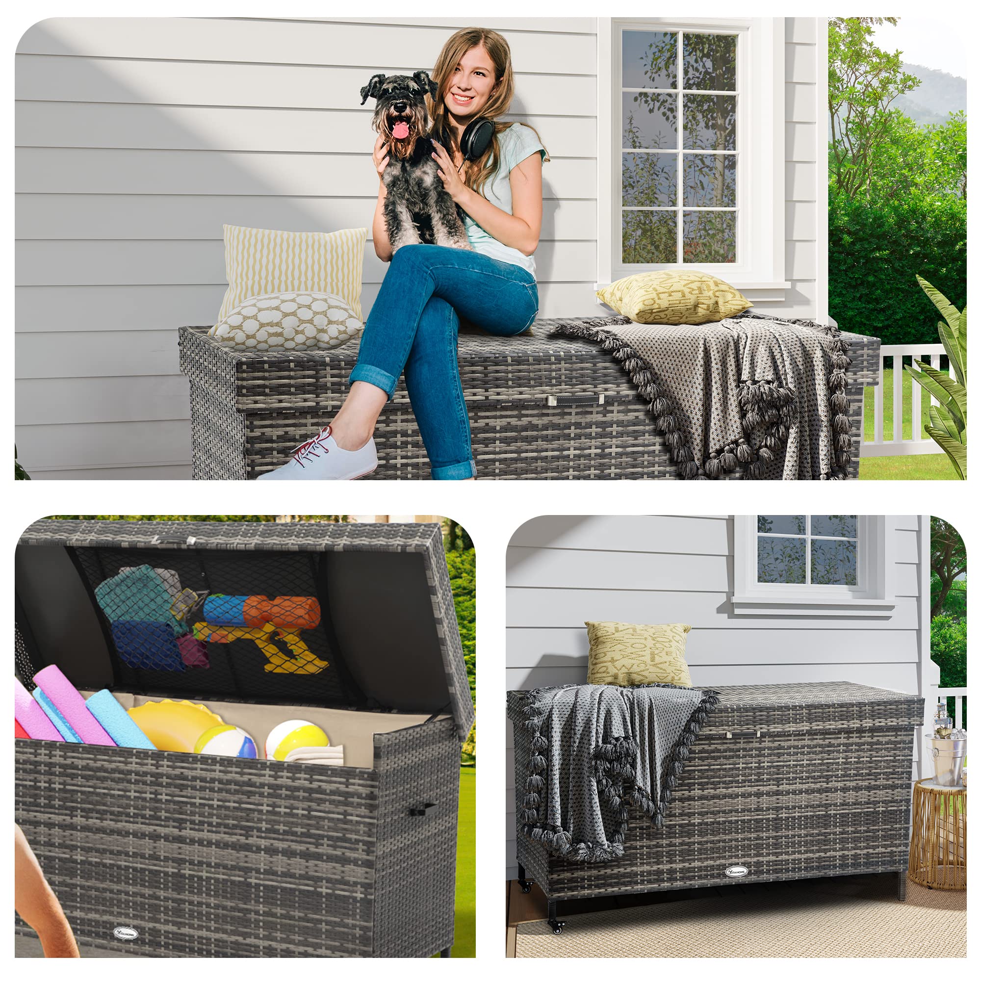 YITAHOME 200 Gallon Large Wicker Deck Box with Storage Net - XL Rattan Outdoor Storage Container for Patio Cushions, Garden Tools & Pool Equipment - Waterproof Furniture Cover for Backyard, Deck & Poolside (Grey)