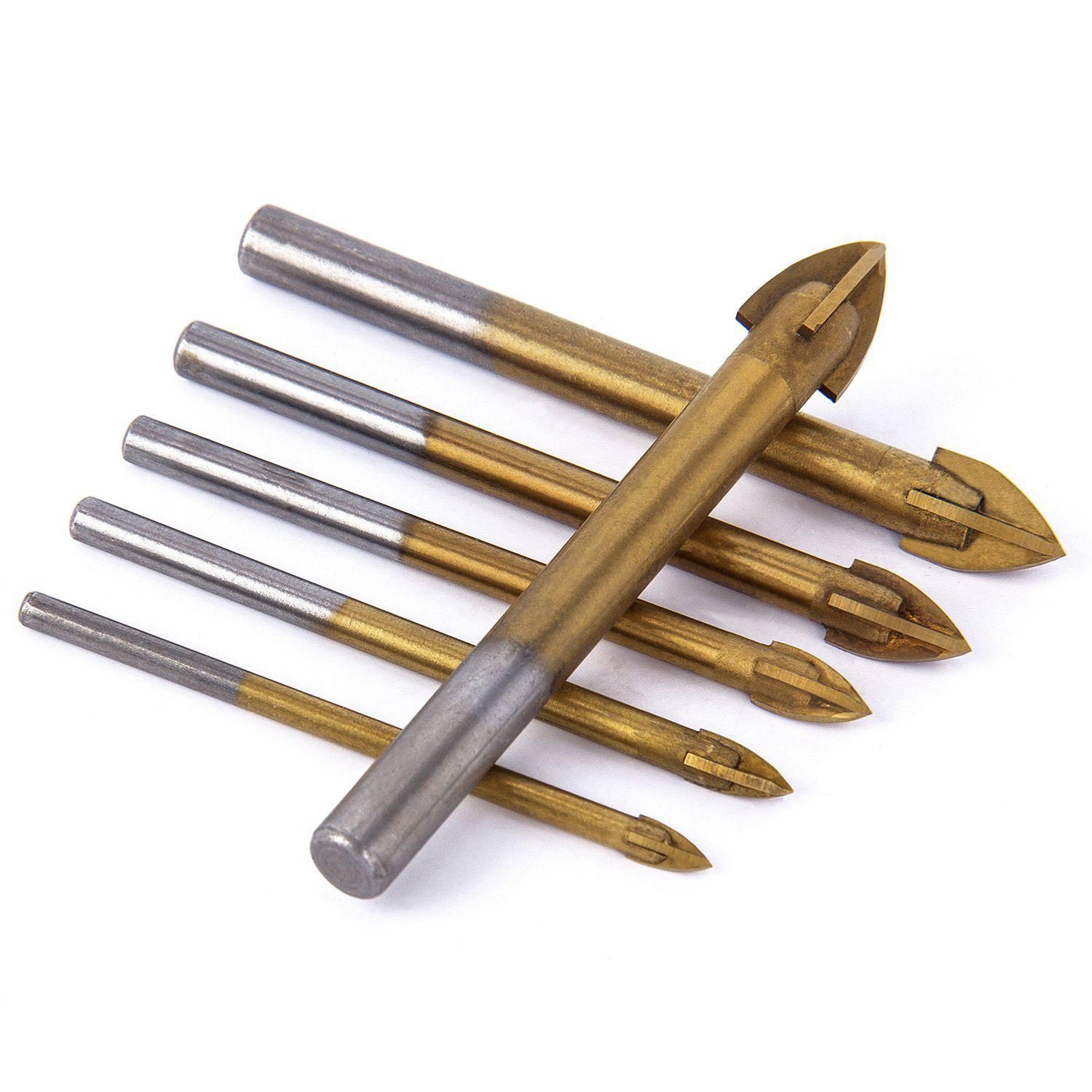 6PCS Titanium Coated Glass Drill Bit Set - Hex Shank Cross Spear Head for Ceramic Tile, Marble & Mirror - Perfect for DIY Home Renovation and Glass Art Projects