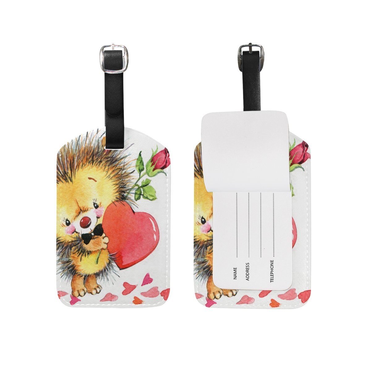 Cute Hedgehog Rose Red Heart Luggage Tag - PU Leather Travel Suitcase ID Tag for Kids & Adults - Perfect for Backpacks, Duffel Bags & Carry-Ons