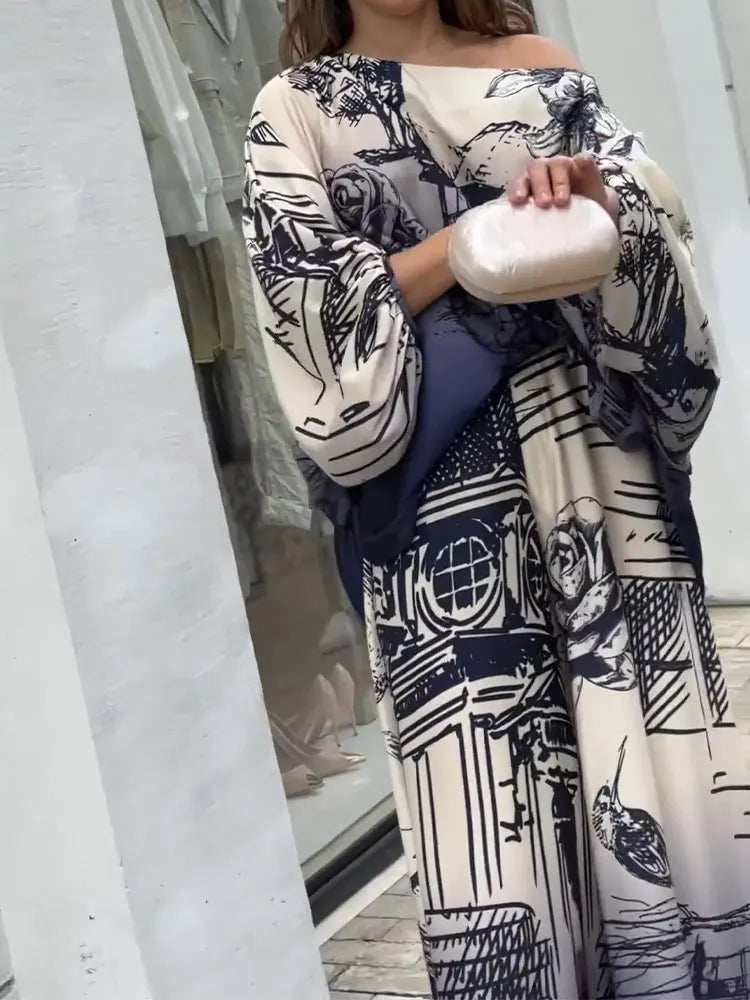 Elegant Satin Blue Print Pantsuit for Women - 2 Piece Set with Lantern Sleeve Shirt & Wide Leg Pants | Loose Casual Streetwear Outfit | Perfect for Office, Party & Fashion Events