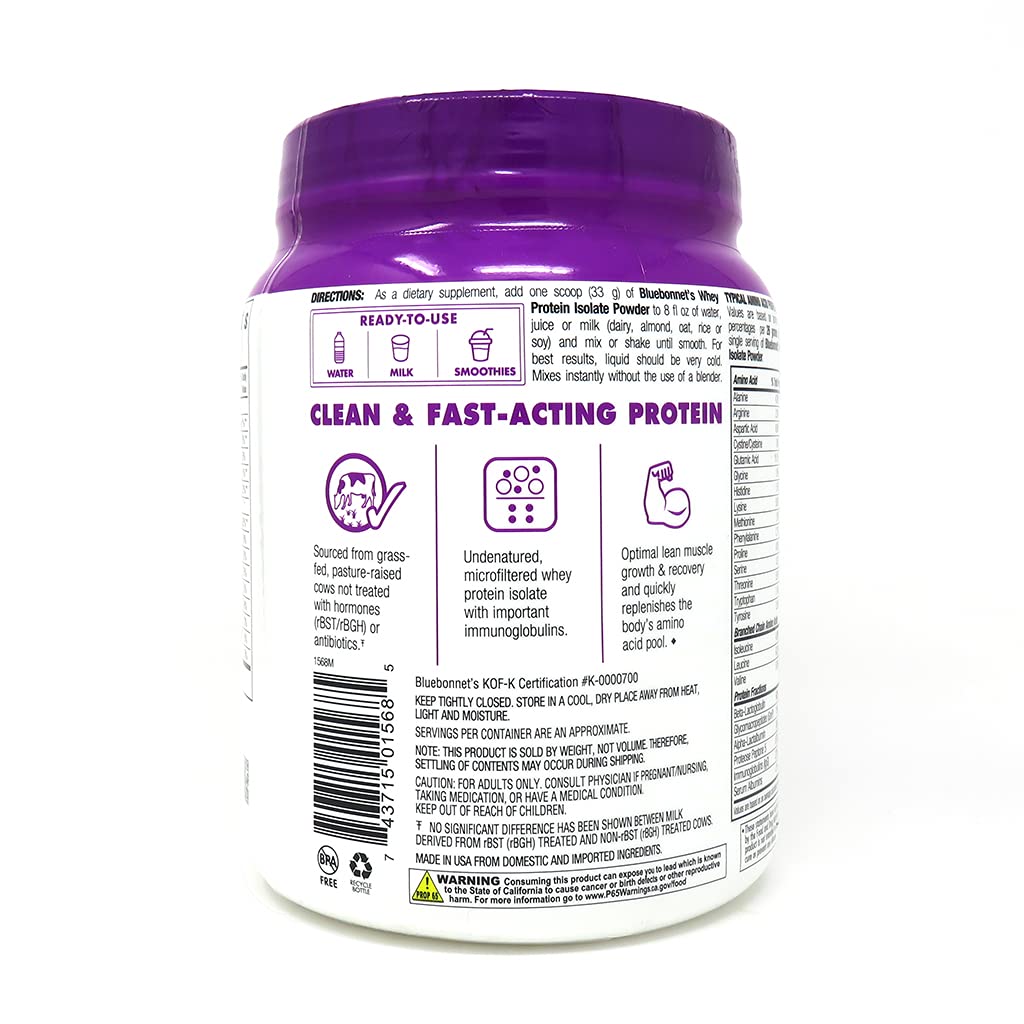Bluebonnet Nutrition Whey Protein Isolate Powder from Grass-Fed Cows - 26g Protein, No Sugar Added, Gluten Free, Soy Free, Kosher Dairy - 1 Lb (14 Servings) Chocolate Flavor for Post-Workout Recovery & Muscle Building