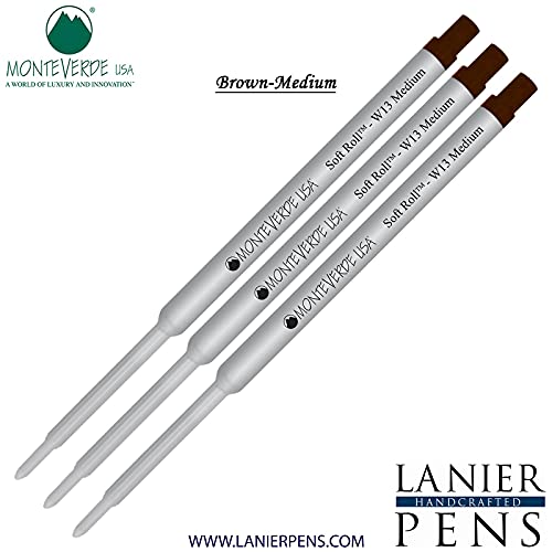 Monteverde Soft Roll Ballpoint Refill 3-Pack - W13 Paste Ink Compatible with Waterman Style Pens - Brown Medium Tip 0.7mm - Ideal for Office, School & Everyday Writing