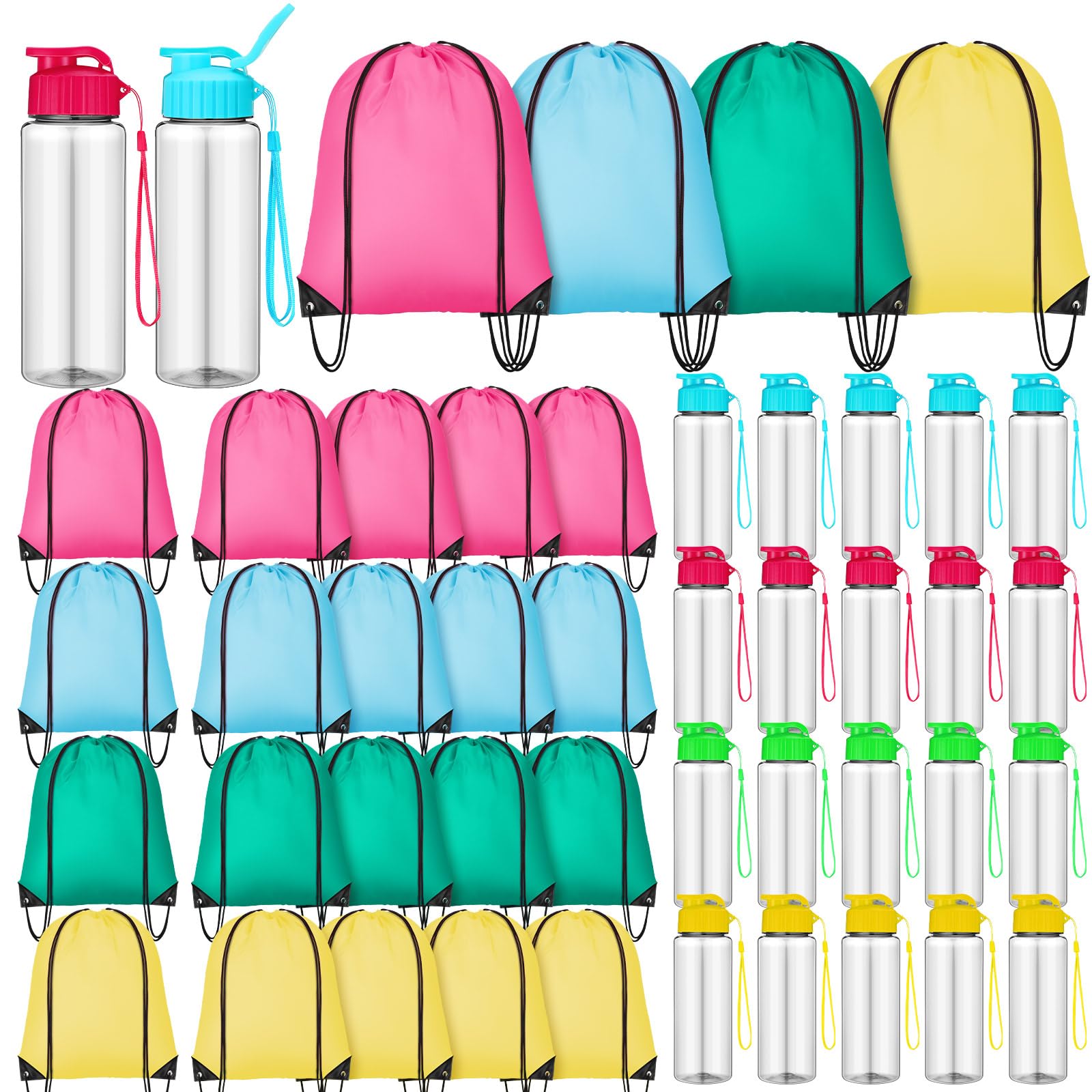 40 Pack 17 oz Reusable Plastic Water Bottles with Flip Top & Leakproof Design - Includes Drawstring Backpack for Gym, Sports, Travel, Hiking, Camping & Outdoor Activities - BPA Free Water Bottles for Adults & Kids (Stylish)