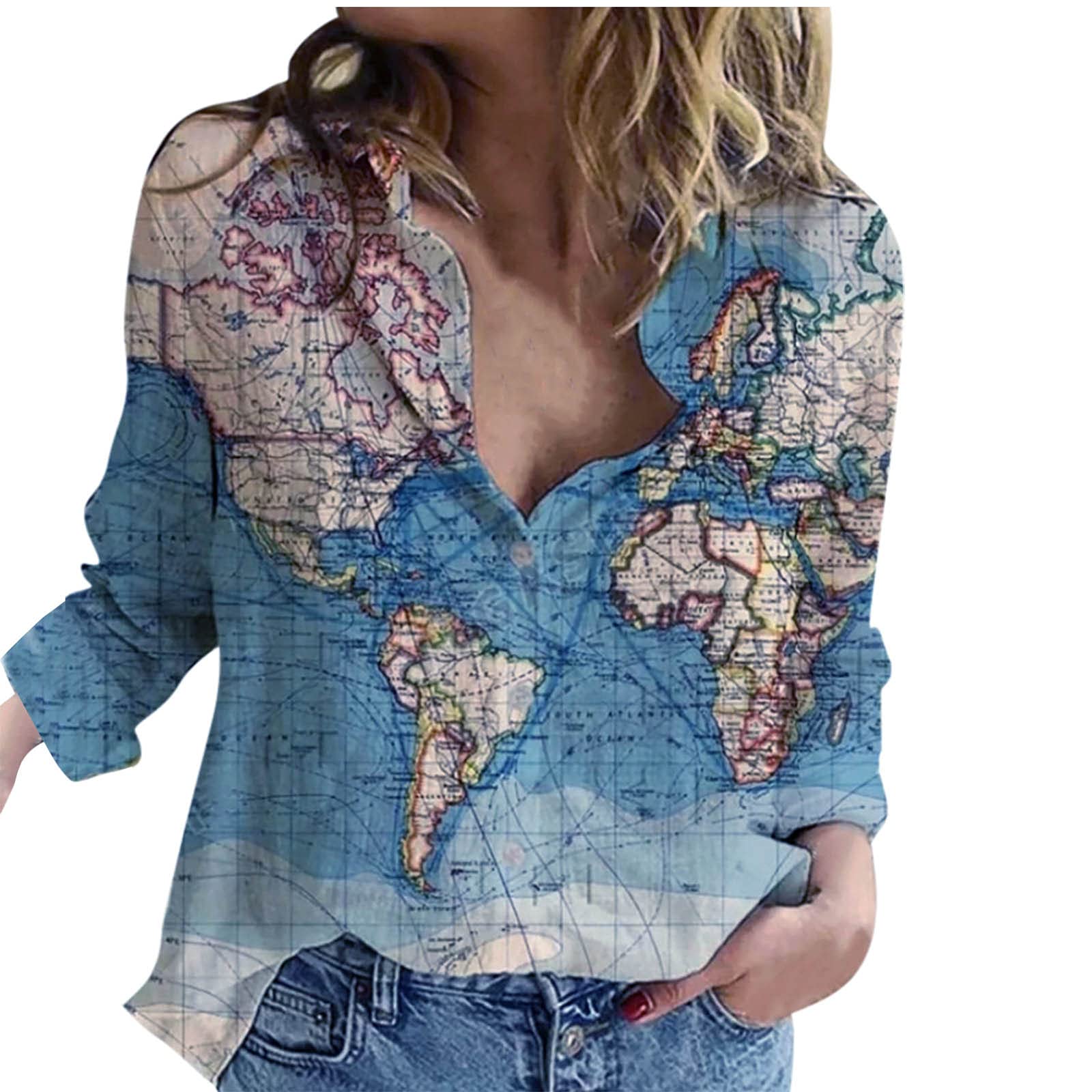 Women's Long Sleeve Button Down Blouse - V Neck Graphic Print Loose Fit Comfortable Business Casual Tops for Work, Office, and Everyday Wear