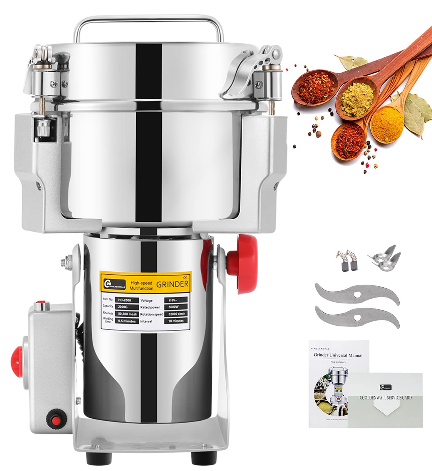 CGOLDENWALL 2000g Electric Grain Grinder Mill - Stainless Steel Commercial Spice Grinder for Coffee Beans, Herbs, Nuts & Grains - 110V High-Speed Pulverizer - Perfect Kitchen Gift for Mom & Wife (Great for Baking, Smoothies & Meal Prep)