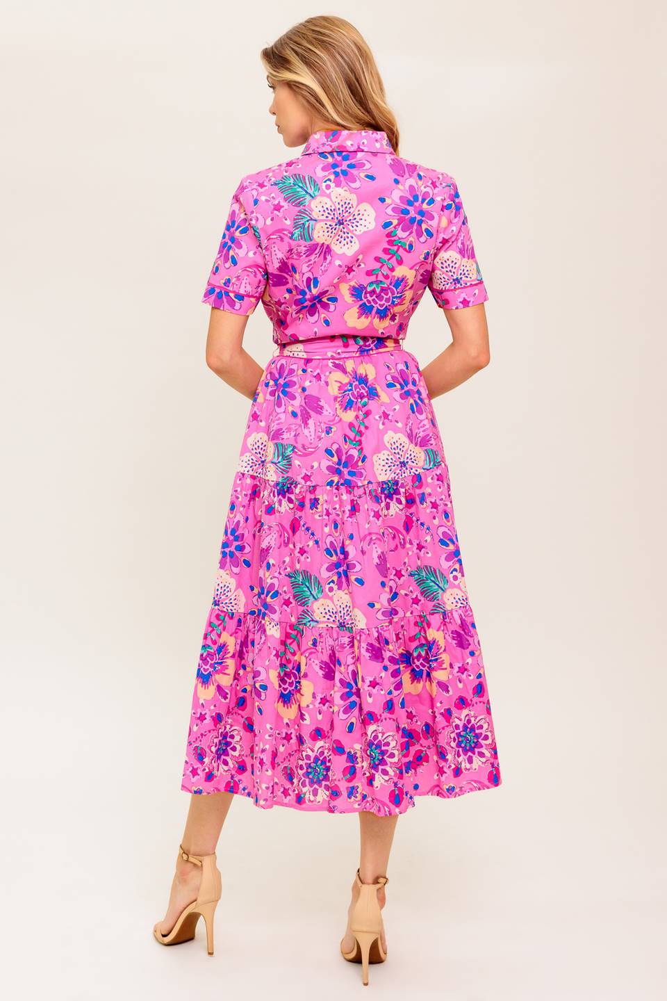 Pink & Purple Floral Midi Dress for Women - Elegant Petal Press Design - Perfect for Spring, Summer, Weddings & Special Occasions