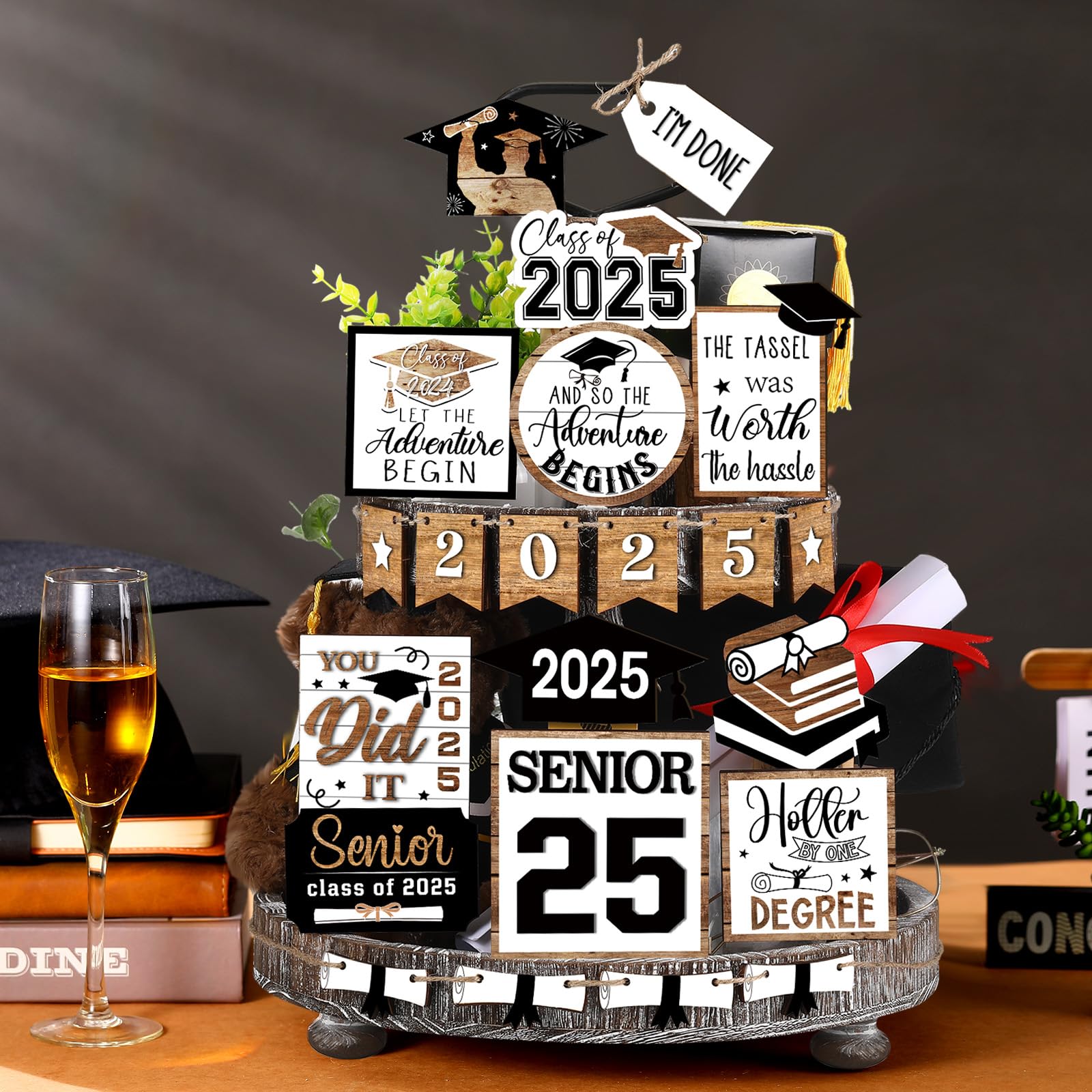 22 Pcs 2025 Graduation Tiered Tray Decor Set - Farmhouse Style Table Centerpieces with Class of 2025 Signs - Black & White Graduation Party Decorations for Home, School Events & Photo Backdrops