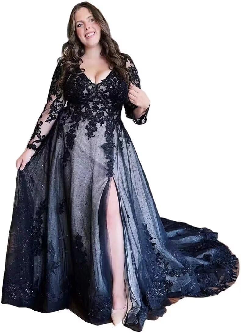 Gothic Black Wedding Dress with Long Sleeves – Elegant Lace Applique Bridal Gown for Bride, Tulle Prom Dress | Perfect for Gothic Weddings, Vampire-Themed Parties, and Dark Romance Events