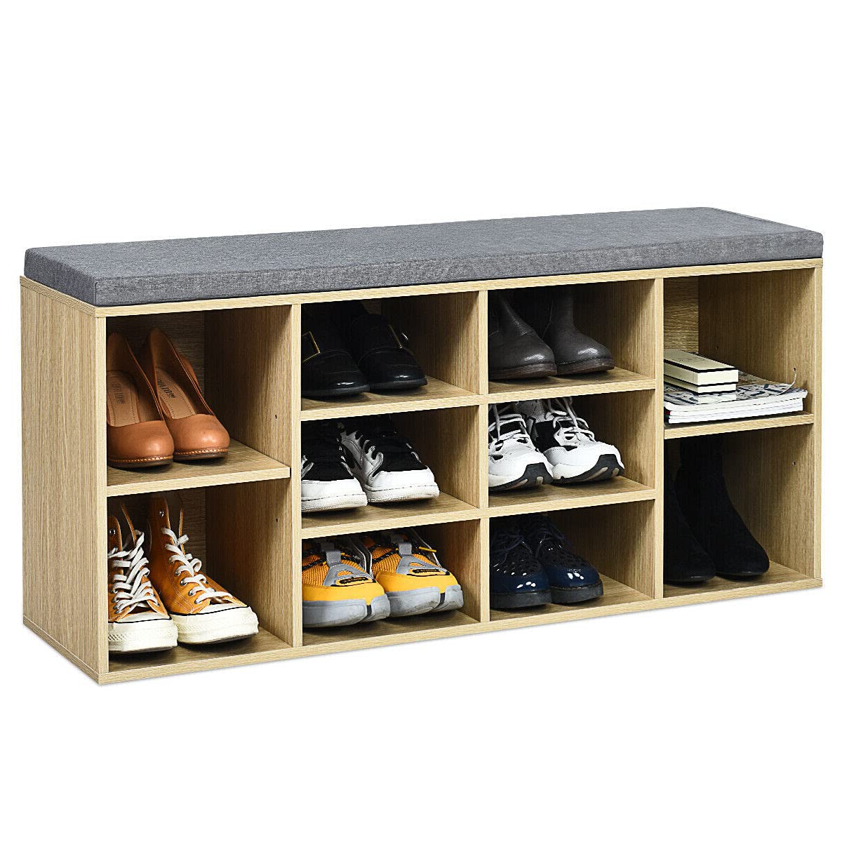 10-Cube Shoe Storage Bench with Soft Padded Seat - Multipurpose Entryway Organizer for Shoes, Heels, Boots & Sandals | Perfect for Hallway, Closet & Bedroom Storage