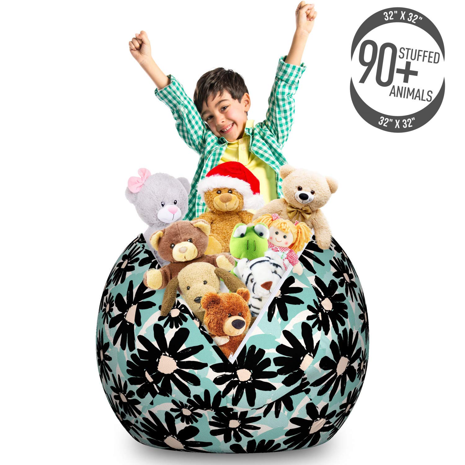 Ambesonne Floral Toy Storage Bag Chair - Large Washable Stuffed Animal Organizer with Bold Paintbrush Flower Design in Seafoam Multicolor - Perfect for Kids' Room, Playroom & Nursery Organization