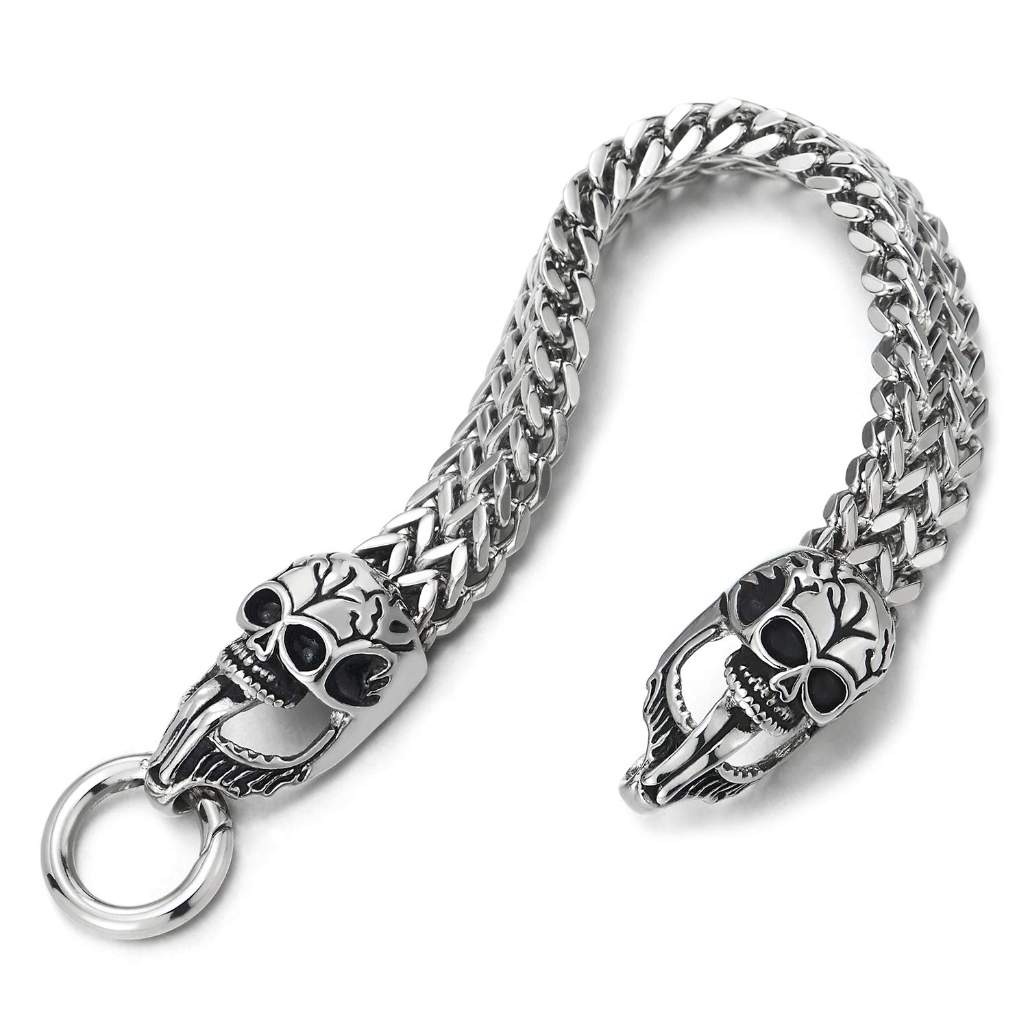 CoolSteelAndBeyond Men's Vintage Skull Bracelet - Stainless Steel Franco Chain with Teeth & Tongue Design, Spring Ring Clasp - Perfect for Gothic Fashion, Punk Style & Biker Accessories