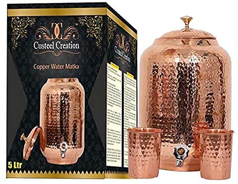 Pure Copper Drinkware Set - 5 Liter Copper Water Pot with 2 Glasses | 3-Piece Copper Water Container Set for Ayurveda & Wellness | Perfect for Home, Office & Yoga Retreats