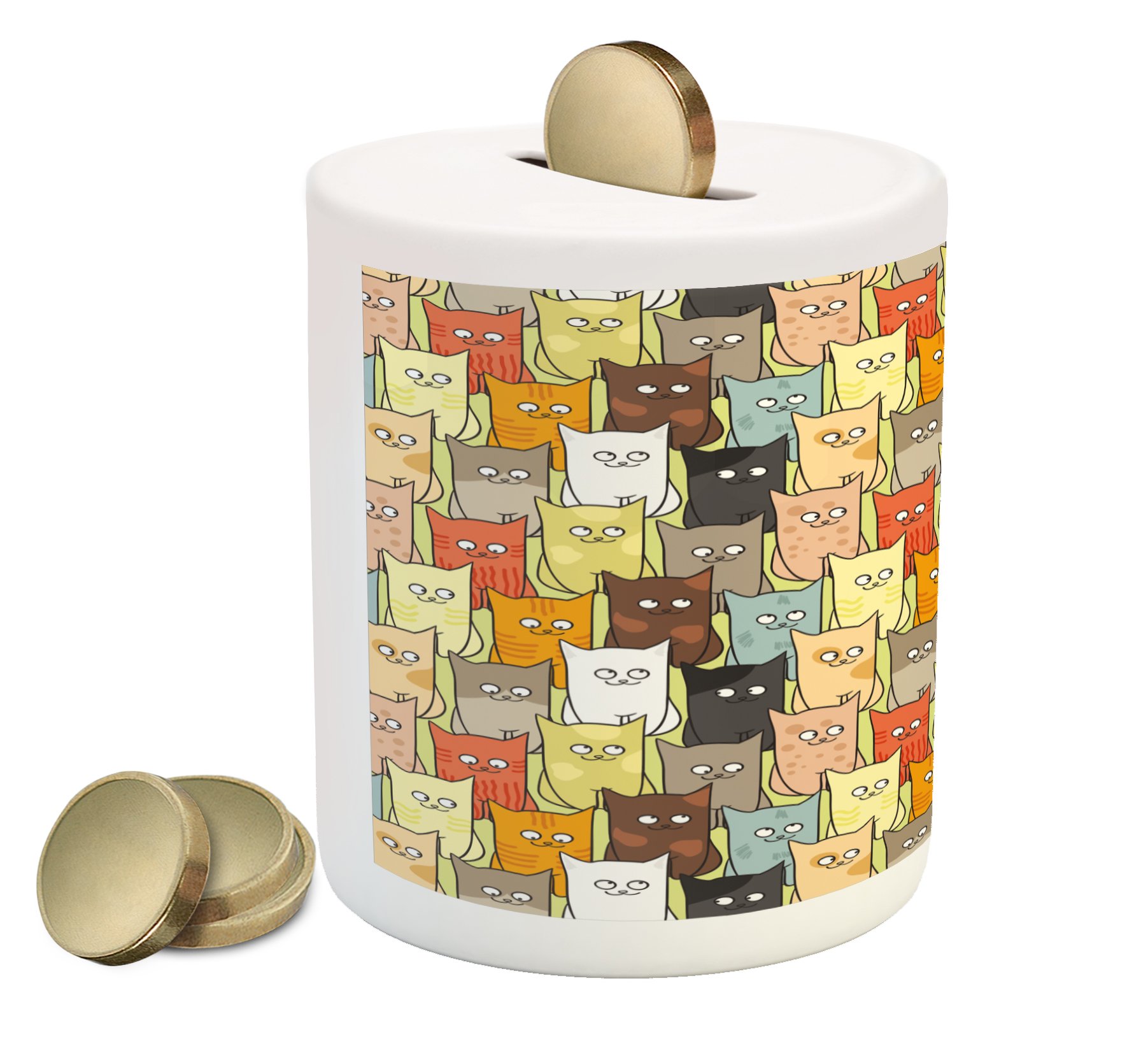 Funny Colorful Cats Ceramic Piggy Bank - Ambesonne Cartoon Style Money Box for Kids (3.6