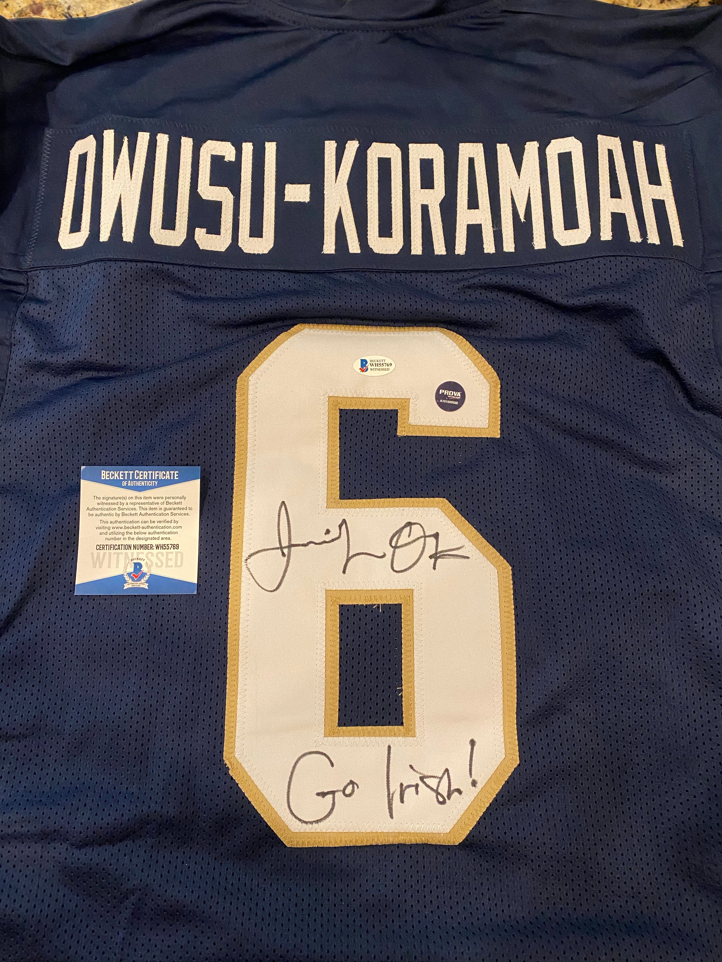 Authentic Jeremiah Owusu Koramoah Autographed Notre Dame Fighting Irish Blue Home Jersey - Perfect for Collectors, Fans & Game Day Memorabilia