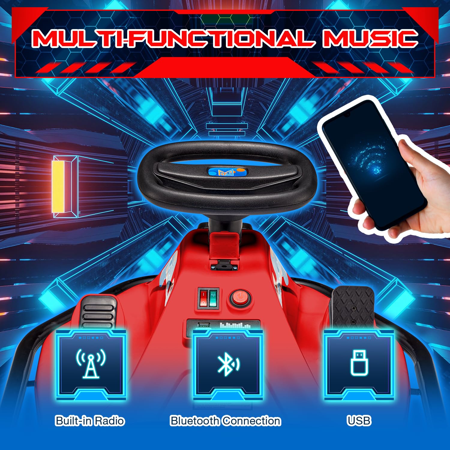 MELLCOM 24V Electric Drifting Go Kart for Kids - 360° Rotatable Wheels, Bluetooth, Music & LED Lights - Ride On Toy Car with Acceleration Pedal - Perfect for Backyard Racing, Birthday Gifts & Outdoor Play (Red)