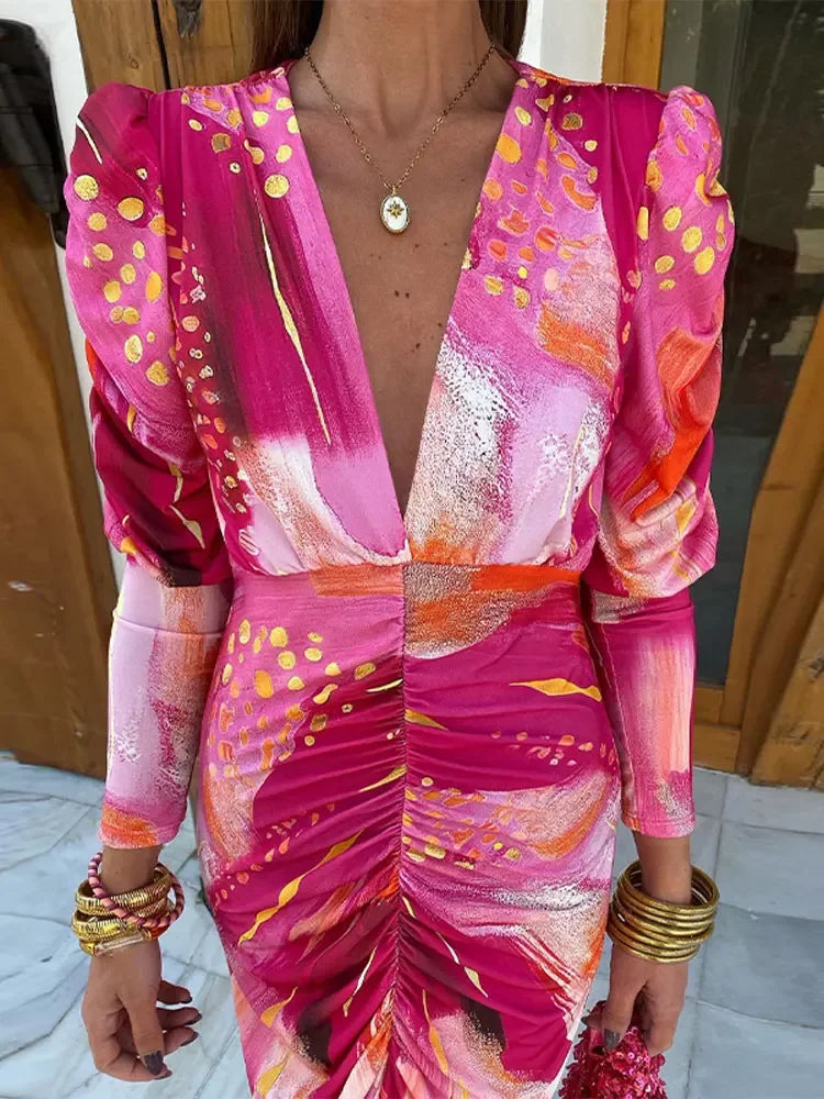 Vintage Tye Dye Print Pleated Bodycon Maxi Dress for Women - Long Sleeve V-Neck A-Line Party Dress - Perfect for Holiday Celebrations, Festivals, and Evening Events