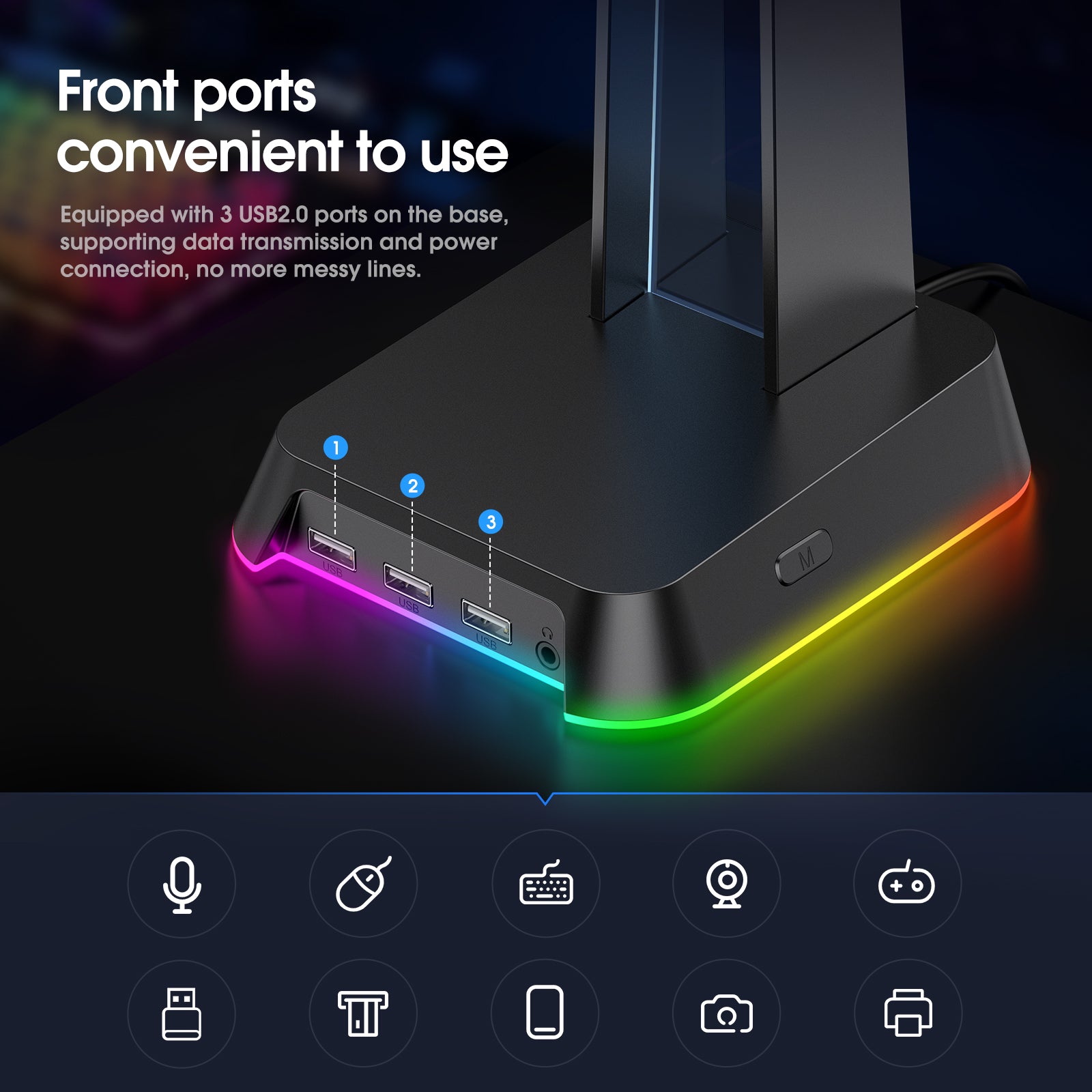 ONIKUMA ST2 RGB Gaming Headphone Stand with 3 USB Ports & 3.5mm AUX Jack - Perfect for PC Gaming Setup, Streaming Studio & Office Workspace