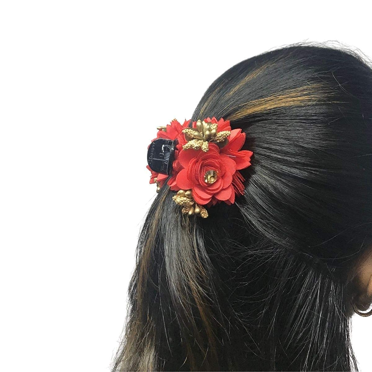 Honbon Fashion Fabric Pink Hair Clip with Golden Stone - Stylish Flower Hair Clutch for Women & Girls (Pack of 1) - Perfect for Parties, Weddings & Everyday Accessories