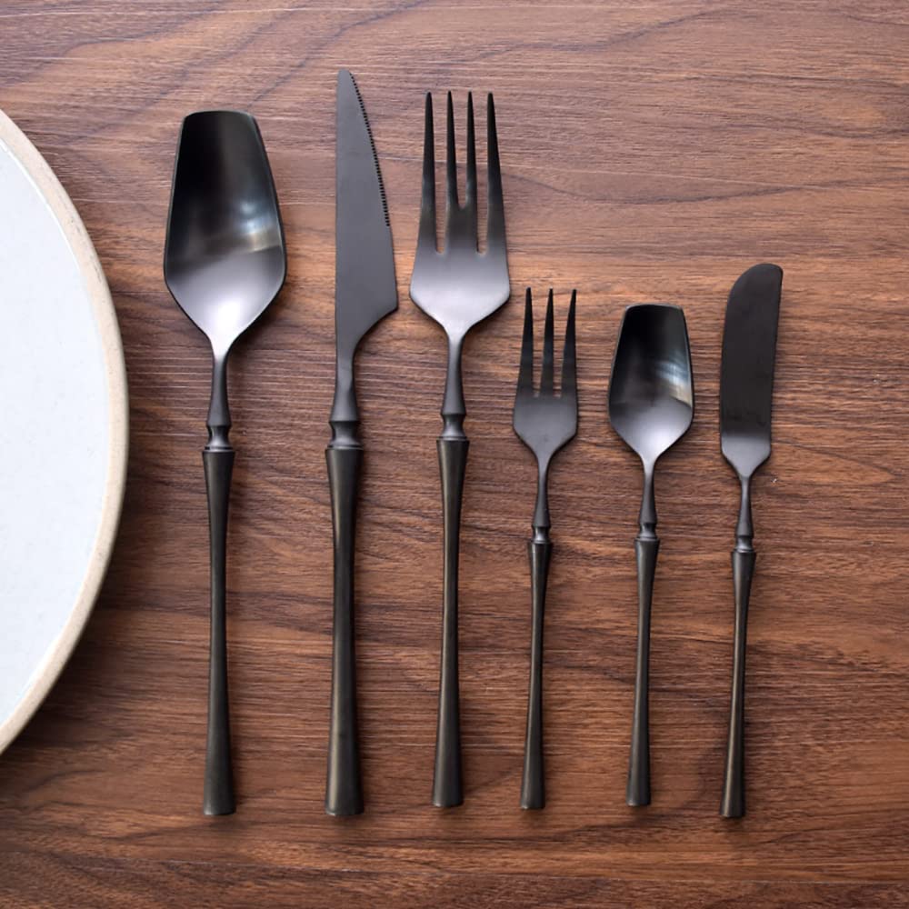 24-Piece Matte Black Silverware Set with Steak Knives - Stainless Steel Flatware Utensils for 4 (Hand Wash Recommended) - Perfect for Dinner Parties, Restaurants & Everyday Dining