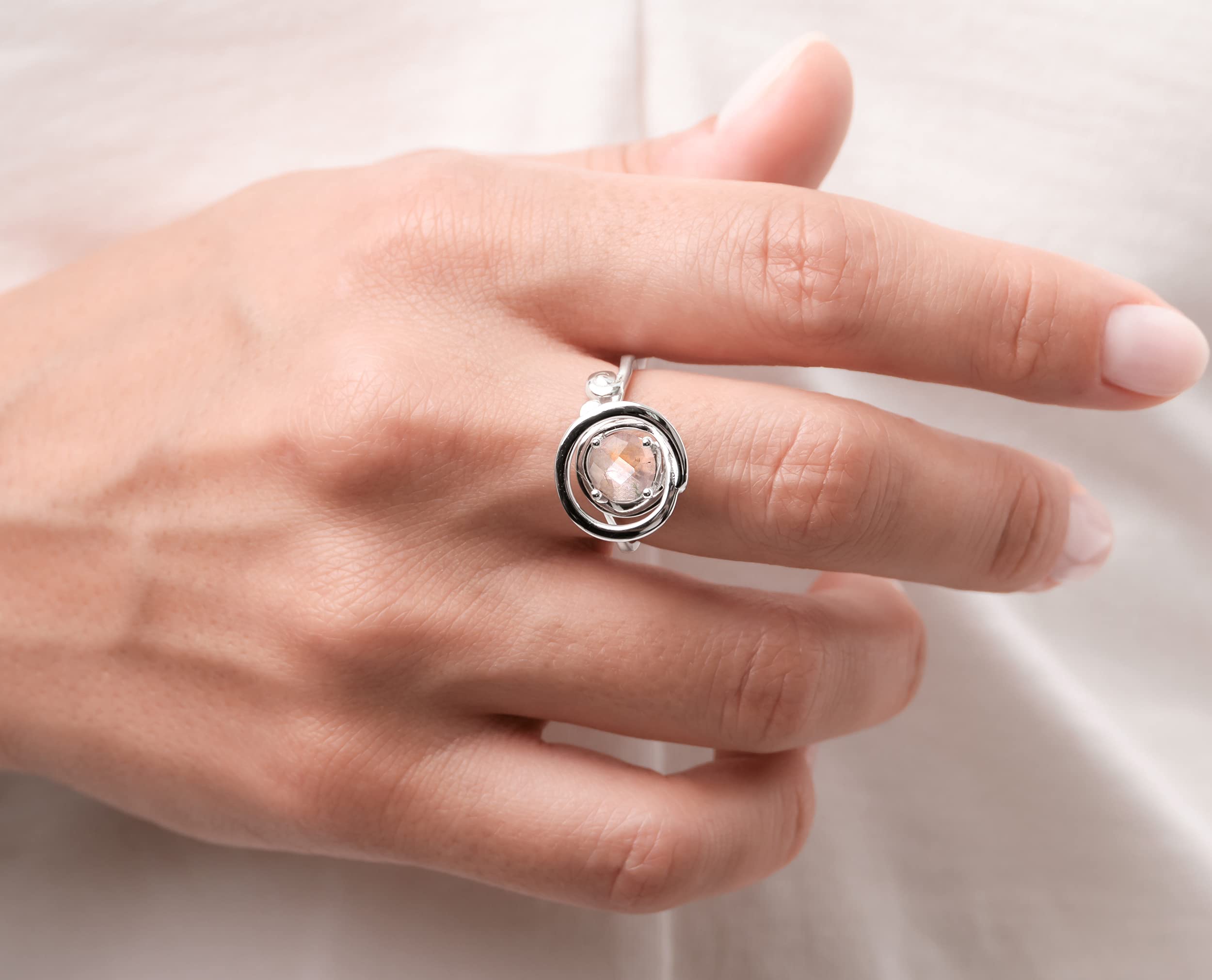 Rose Quartz Ring for Women - October Birthstone Solitaire Pink Gemstone Ring - Sterling Silver Circle Wave Ring - Perfect for Gifts, Weddings & Everyday Elegance