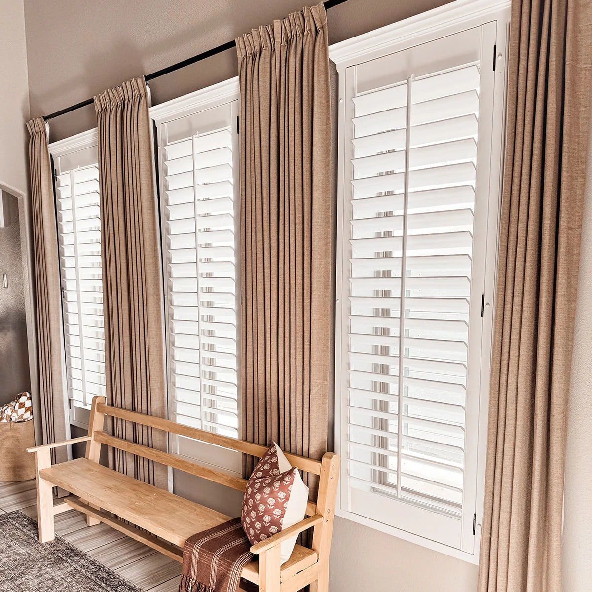 Pinch Pleated Blackout Curtains - Linen Memory Fabric, Natural Oak & Dim Grey - Modern Custom Drapes for Living Room & Bedroom - Light Blocking & Noise Reducing Window Treatments