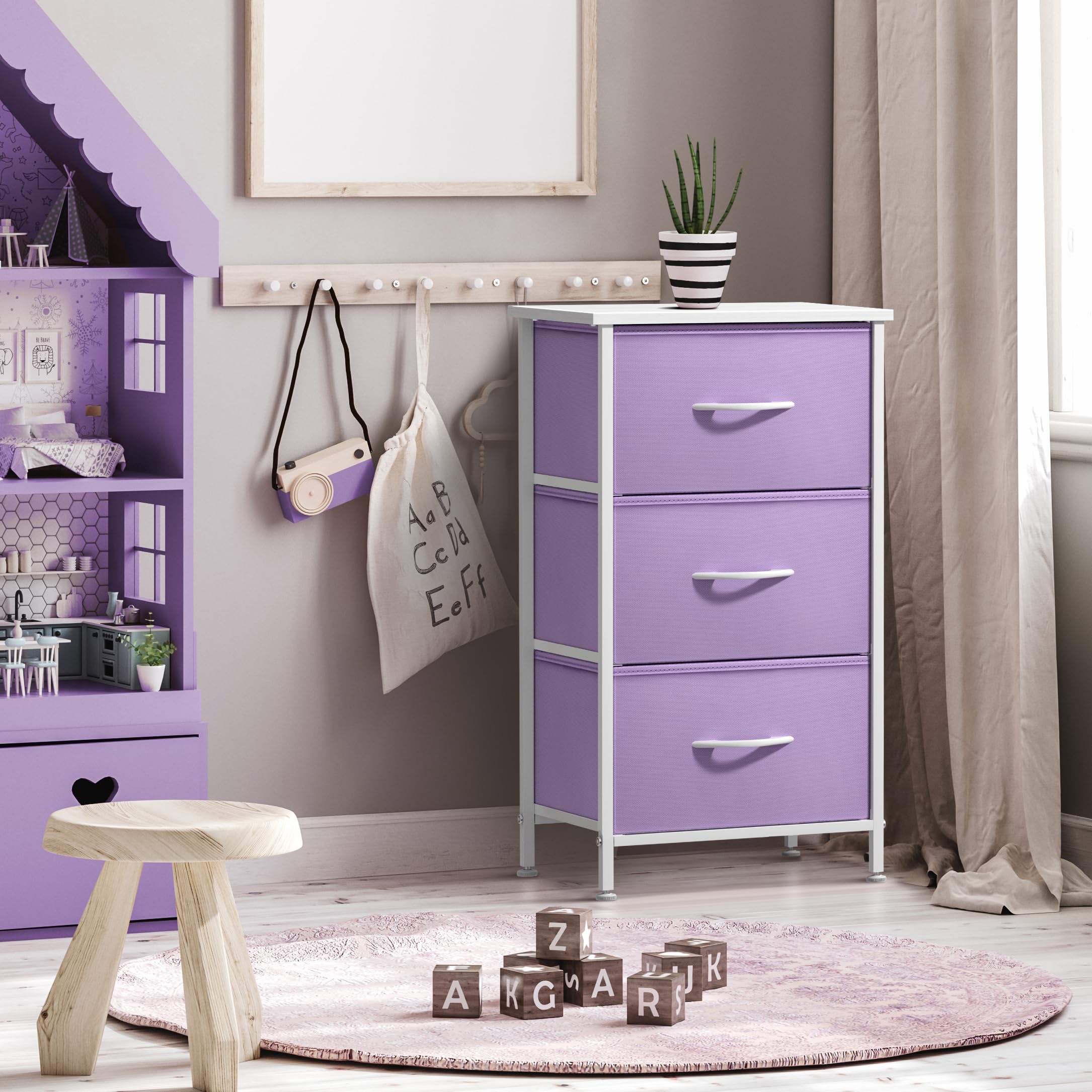 Sorbus 3-Drawer Nightstand with Steel Frame & Wood Top - Modern Bedside Table for Bedroom, Office, College Dorm | Pastel Purple Fabric Bins | Perfect for Small Spaces & Apartment Living
