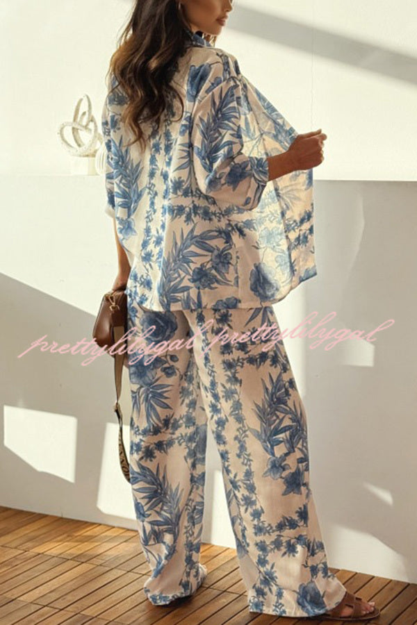 Breathable Linen Blend Botanical Print Top & Elastic Waist Wide Leg Pants Set - Women's Casual Outfit for Summer, Beach, and Vacation Wear