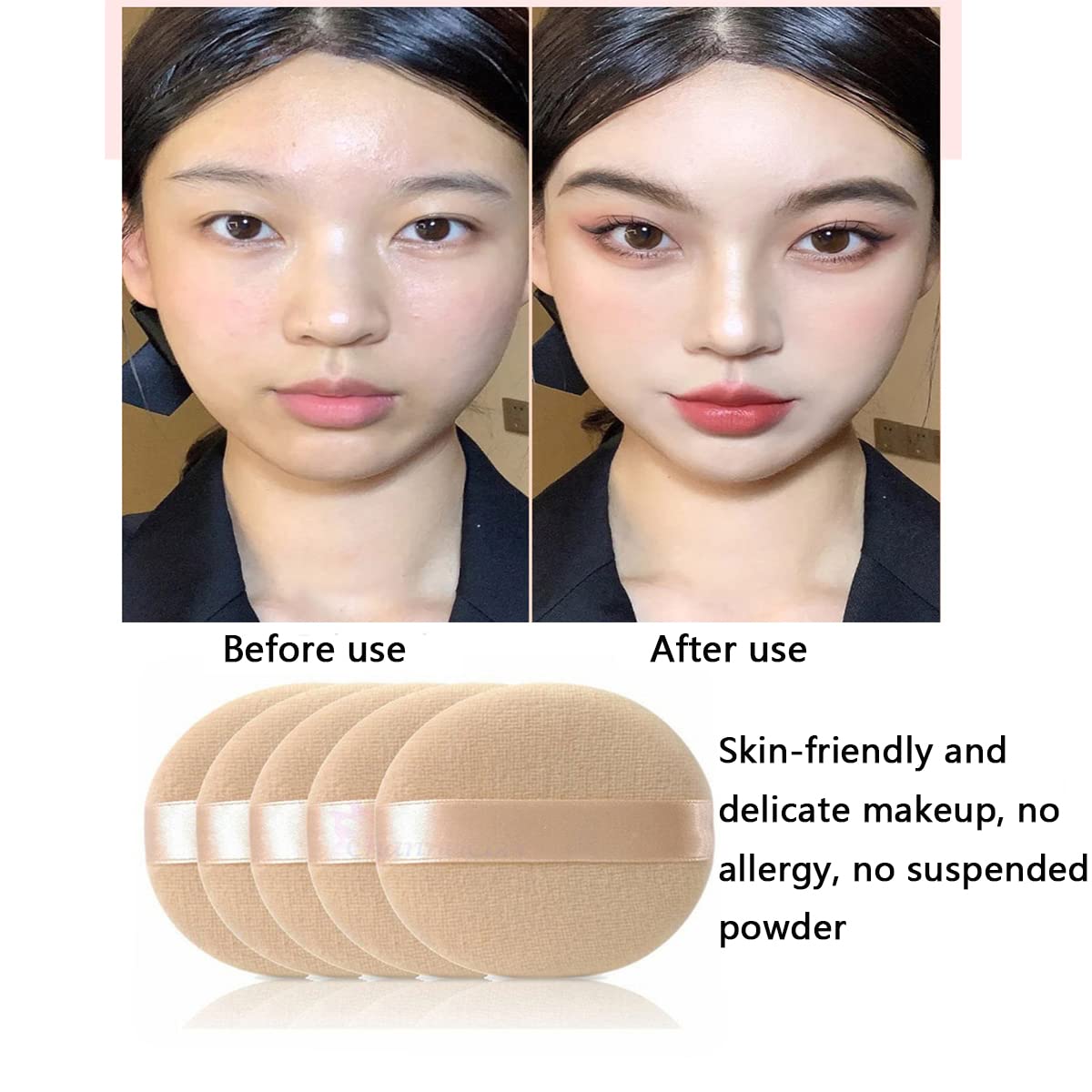 SHULLIN 6Pcs Round Makeup Powder Puffs - Washable & Reusable Cosmetic Sponge with Ribbon Handle for Foundation, Cream, Blush - Perfect for Wet/Dry Application & Daily Makeup Routine (Great for Travel & Professional Makeup Artists)