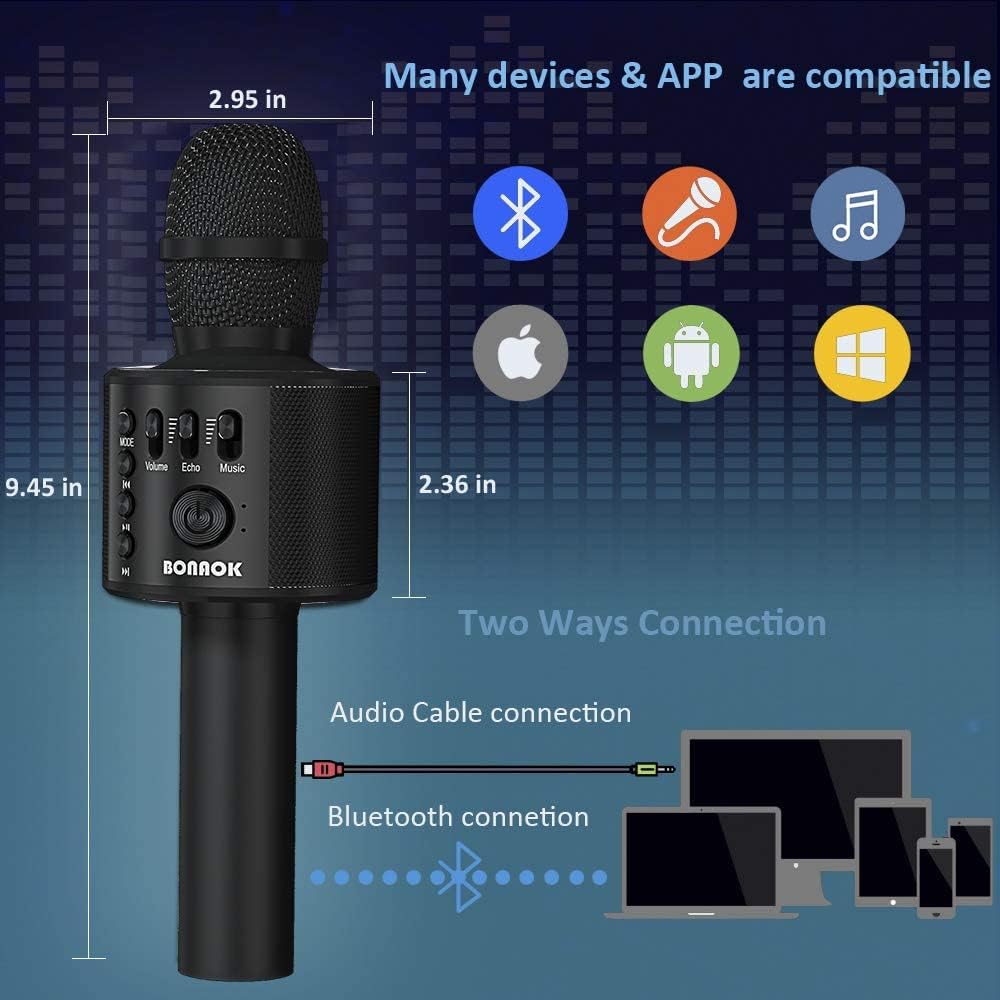 BONAOK Wireless Bluetooth Karaoke Microphone - Portable 3-in-1 Handheld Karaoke Mic with Speaker for iPhone, Android & Smartphones | Perfect for Home Parties, Birthday Celebrations & Singing Practice (Black)