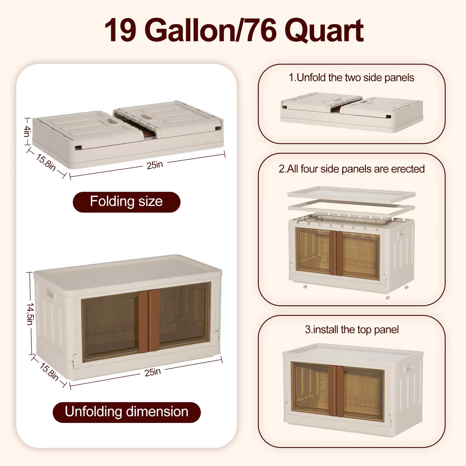 19 Gallon Collapsible Storage Bins with Lids - 4 Pack Stackable Plastic Storage Cabinets with Doors & Wheels for Home, Office, Garage Organization - Perfect for Clothes, Toys, Tools (Milk White)