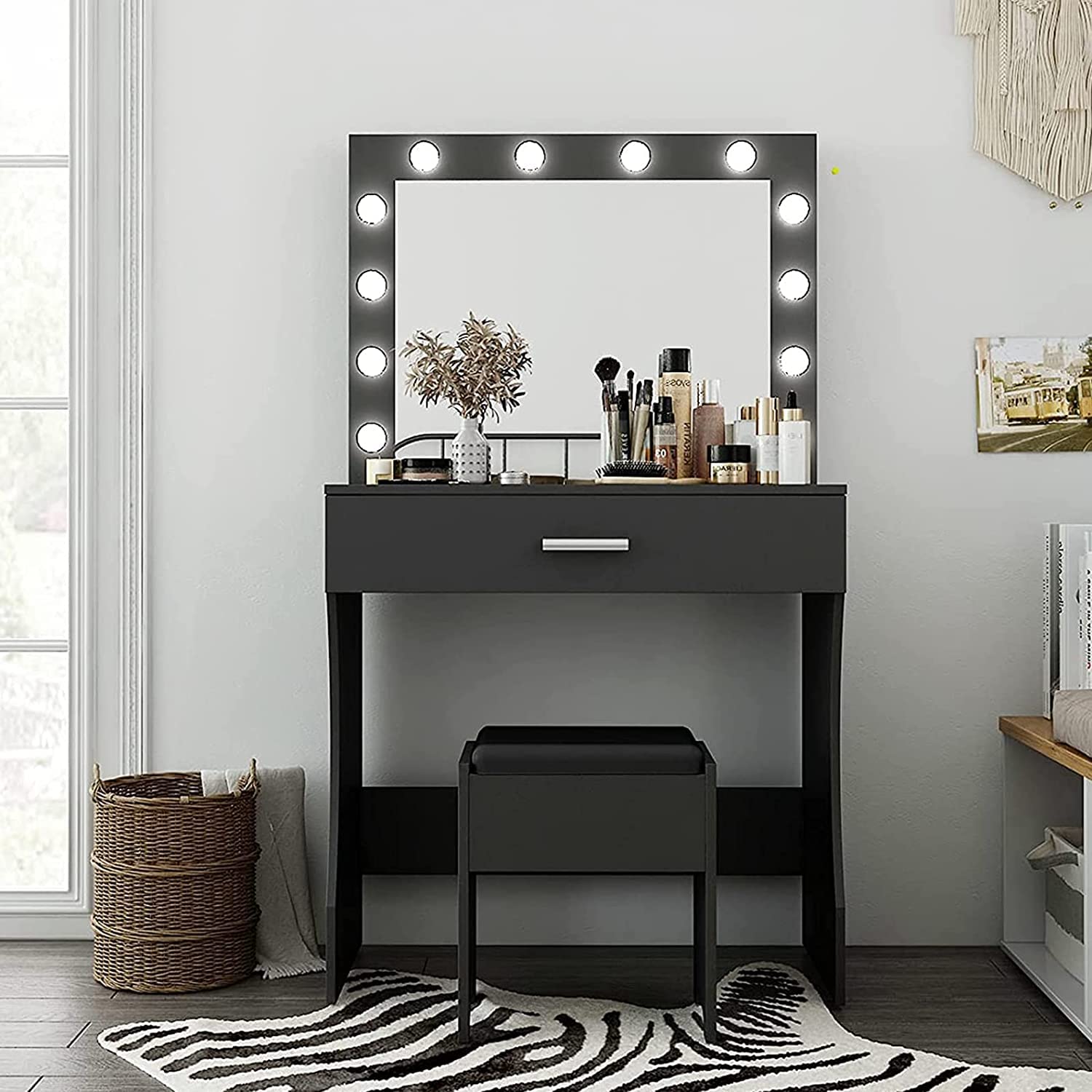 Black Vanity Desk with Mirror & LED Lights - Adjustable Brightness, Large Drawer & Sturdy Wood Makeup Vanity (31.5 Inch) - Perfect for Bedroom, Dressing Room & Beauty Salon