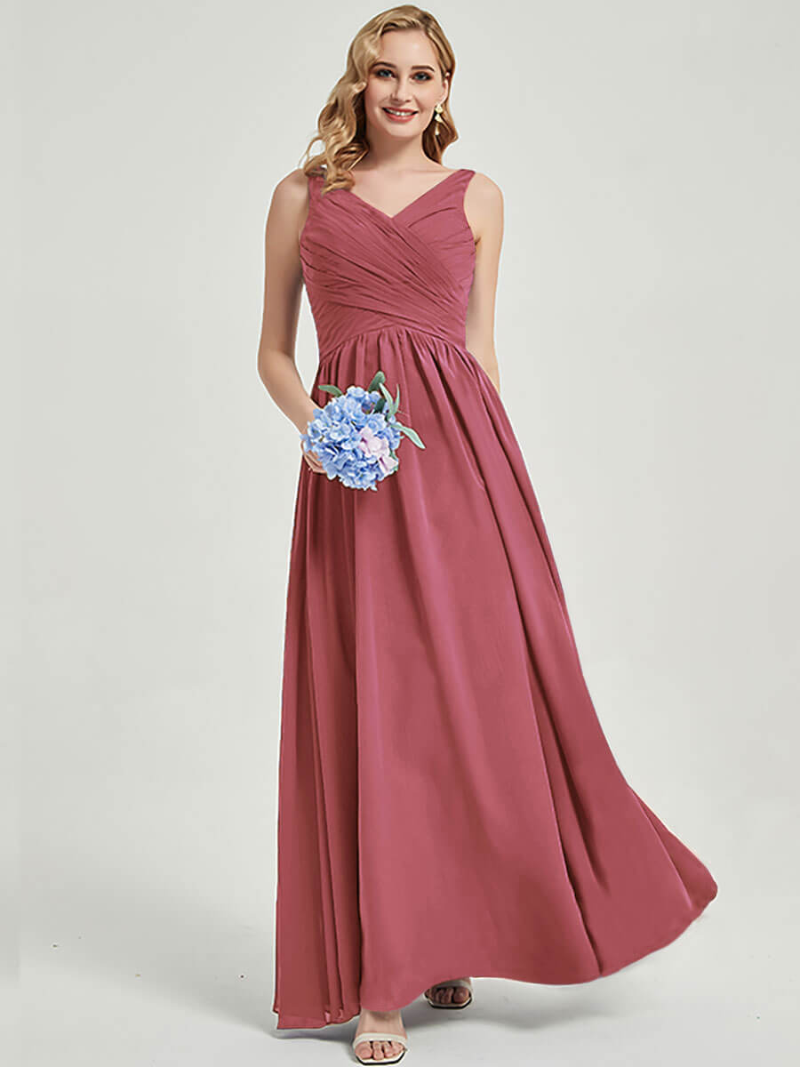 Elegant Desert Rose Wide Straps Sleeveless V-Neck Pleated Bridesmaid Dress - Perfect for Weddings, Formal Events & Special Occasions